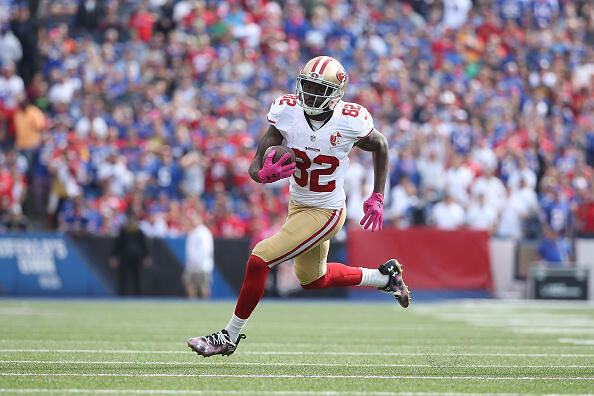 BUFFALO, NY - OCTOBER 16:   Torrey Smith #82 of the San Francisco 49ers runs after the catch during the first half against the Buffalo Bills at New Era Field on October 16, 2016 in Buffalo, New York.  (Photo by Tom Szczerbowski/Getty Images)