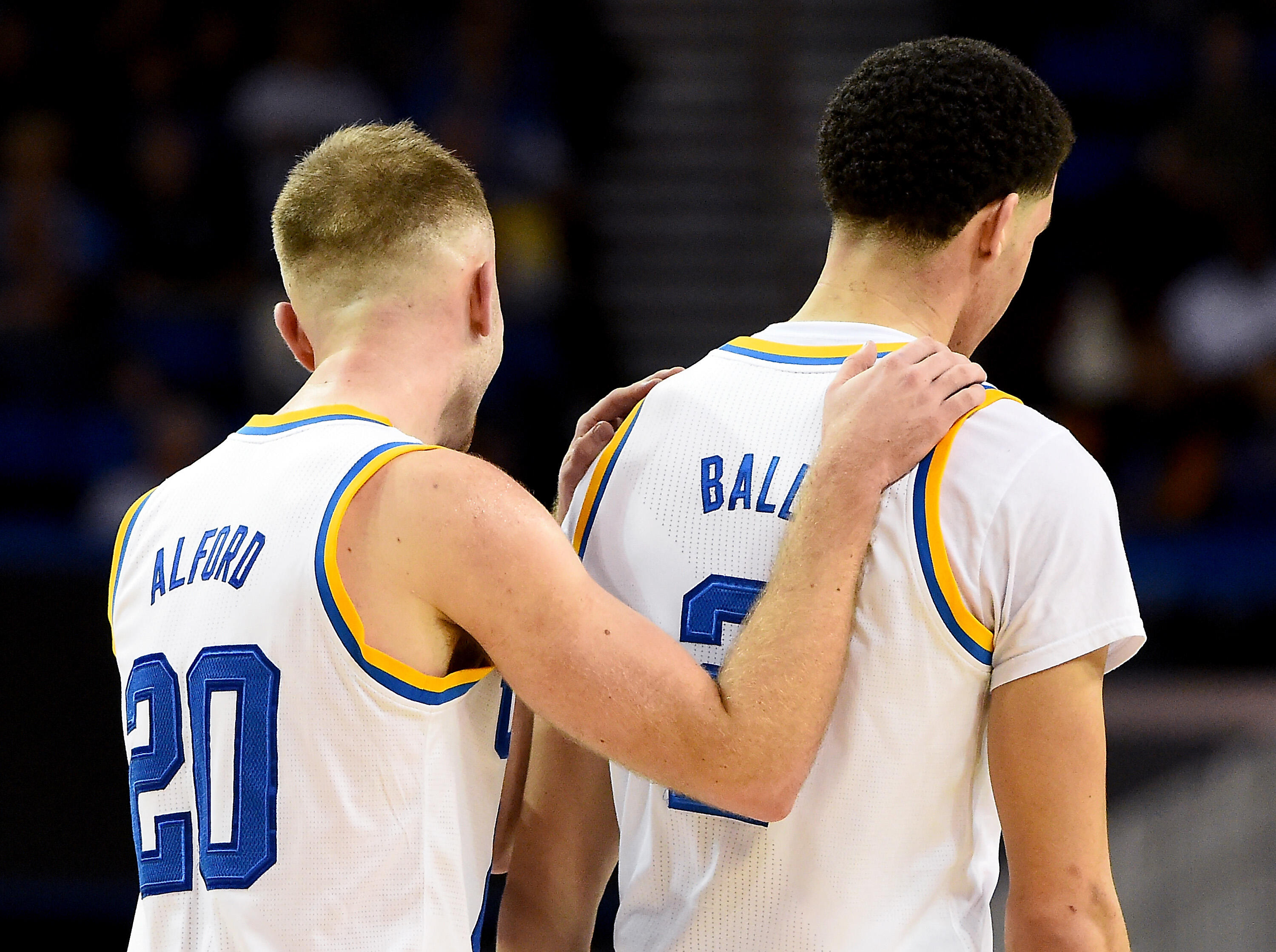 LOS ANGELES, CA - MARCH 1:  Bryce Alford #20 of the UCLA Bruins and Lonzo Ball #2 of the UCLA Bruins on the court in the second half of the game against the Washington Huskies at Pauley Pavilion on March 1, 2017 in Los Angeles, California. Bruins won 98-6