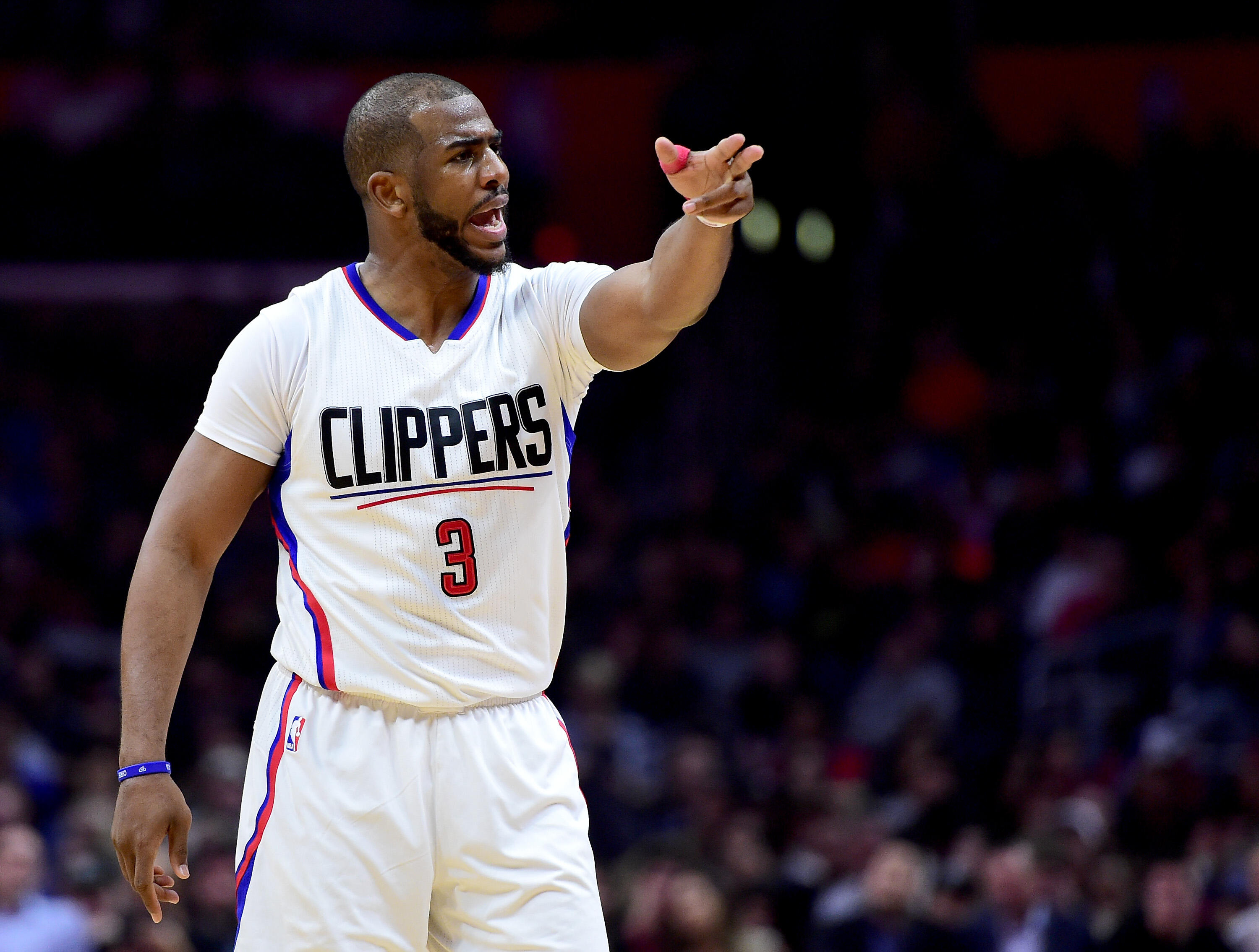 LOS ANGELES, CA - MARCH 01:  Chris Paul #3 of the LA Clippers reacts to his technical foul during a 122-103  Houston Rockets win at Staples Center on March 1, 2017 in Los Angeles, California.  NOTE TO USER: User expressly acknowledges and agrees that, by 
