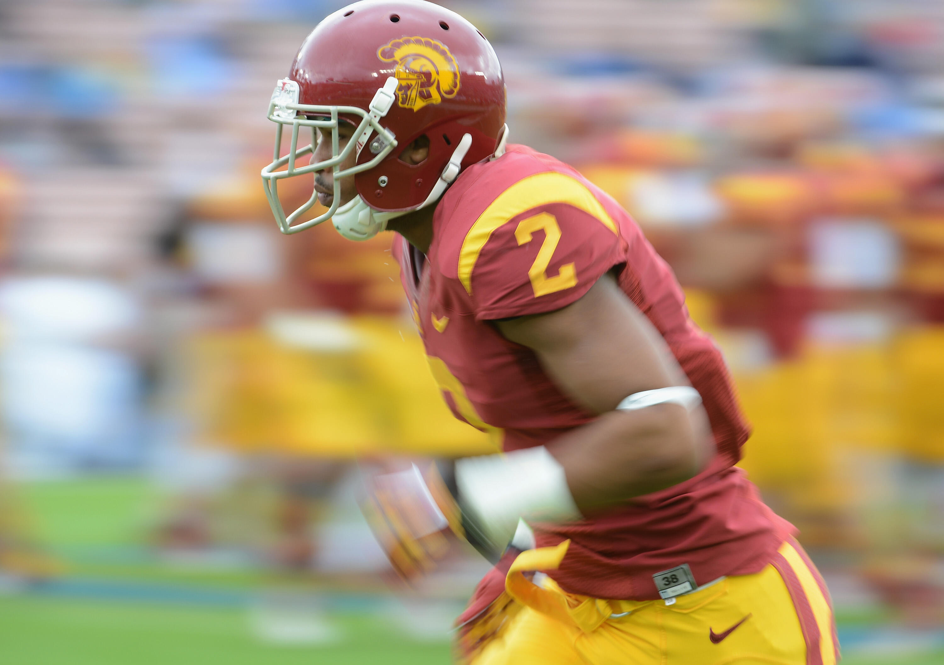 PASADENA, CA - NOVEMBER 17:  Robert Woods #2 of the USC Trojans warms up before the game against the UCLA Bruins at Rose Bowl on November 17, 2012 in Pasadena, California.  (Photo by Harry How/Getty Images) 