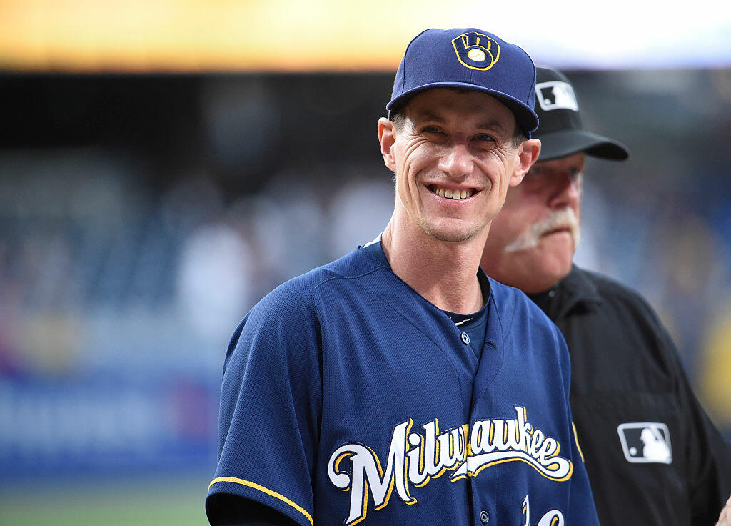 SAN DIEGO, CALIFORNIA - AUGUST 1:  Craig Counsell #30 of the Milwaukee Brewers looks out into the stands before a baseball game against the San Diego Padres at PETCO Park on August 1, 2016 in San Diego, California.  (Photo by Denis Poroy/Getty Images)
