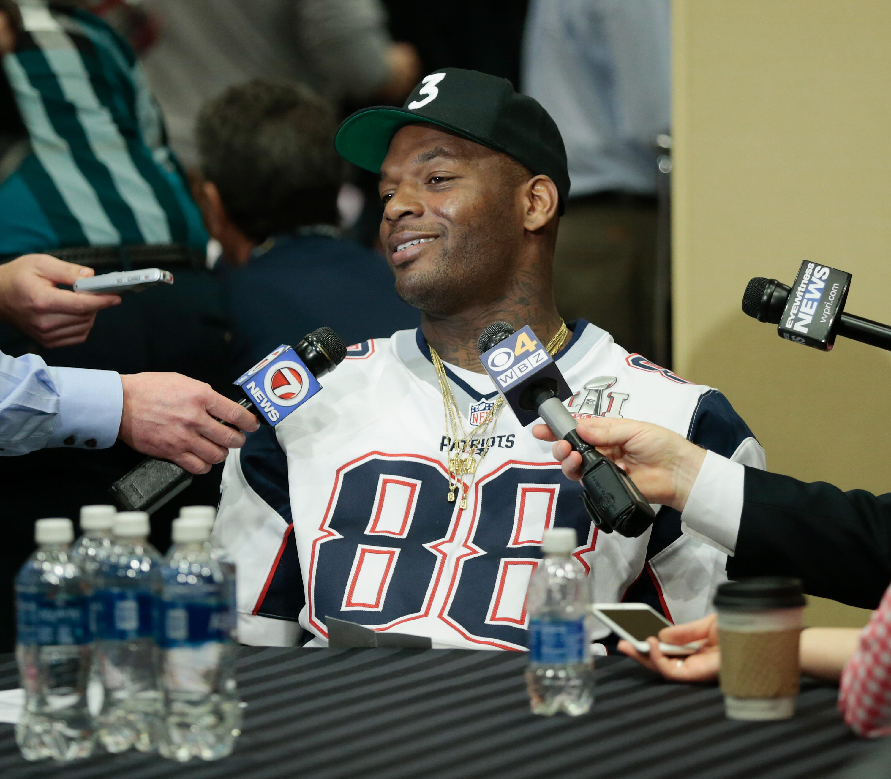 HOUSTON, TX - FEBRUARY 02:  Martellus Bennett #88 of the New England Patriots answers questions during Super Bowl LI media availability at the J.W. Marriott on February 2, 2017 in Houston, Texas.  (Photo by Bob Levey/Getty Images)