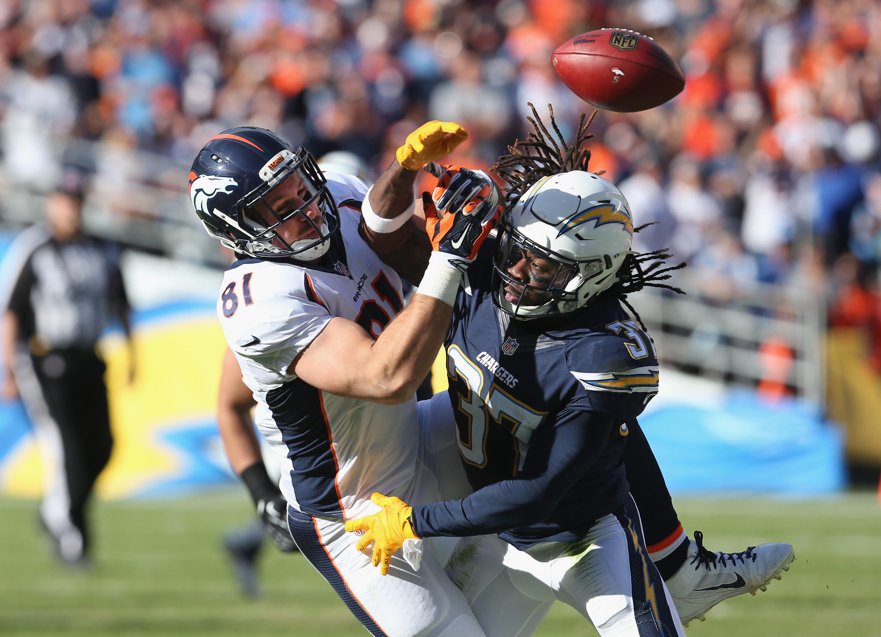 SAN DIEGO, CA - DECEMBER 06:  Safety Jahleel Addae #37 of the San Diego Chargers breaks up a pass intended for tight end Owen Daniels #81 of the Denver Broncos at Qualcomm Stadium on December 6, 2015 in San Diego, California.  (Photo by Stephen Dunn/Getty