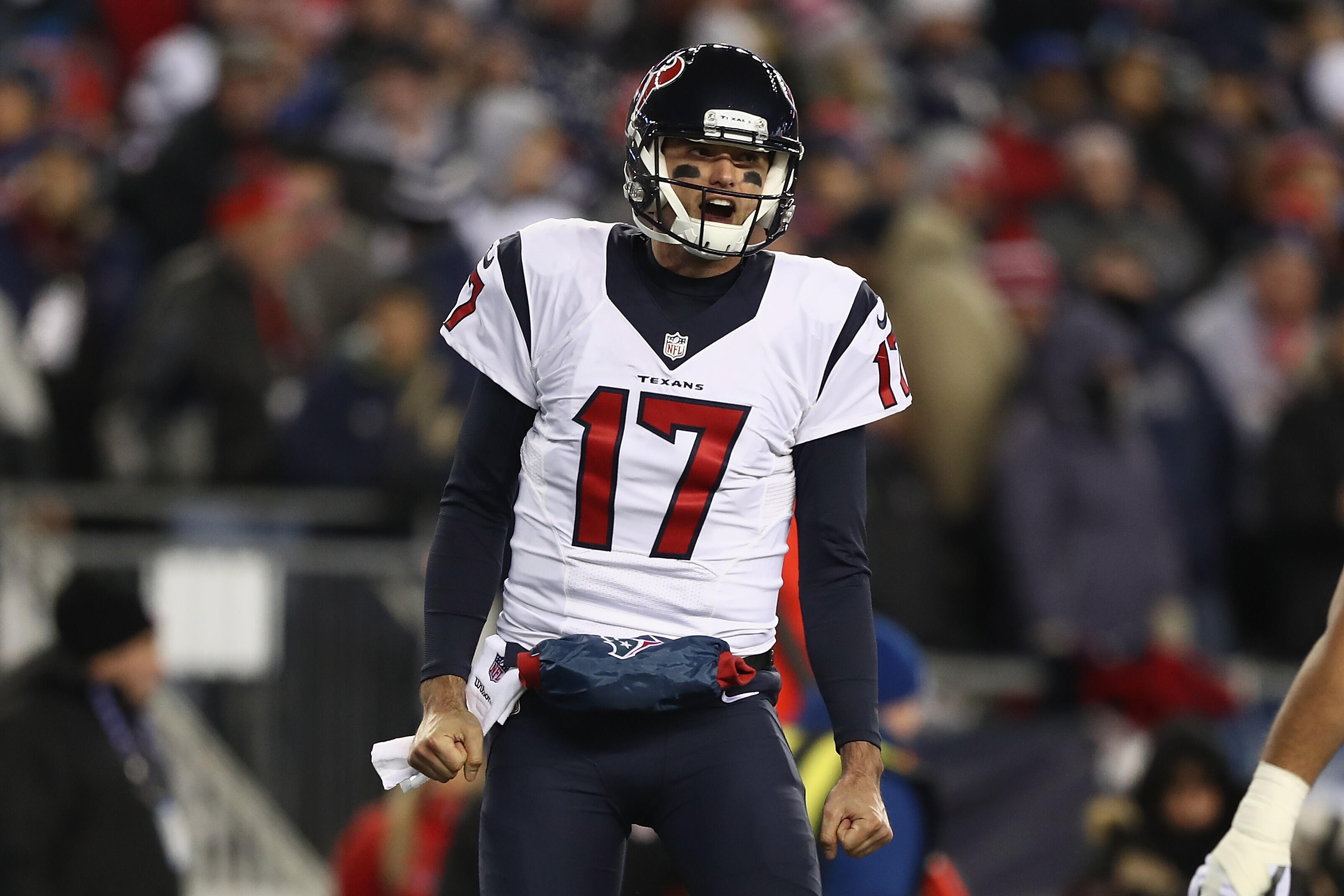FOXBORO, MA - JANUARY 14:  Brock Osweiler #17 of the Houston Texans reacts in the first half against the New England Patriots during the AFC Divisional Playoff Game at Gillette Stadium on January 14, 2017 in Foxboro, Massachusetts.  (Photo by Elsa/Getty I