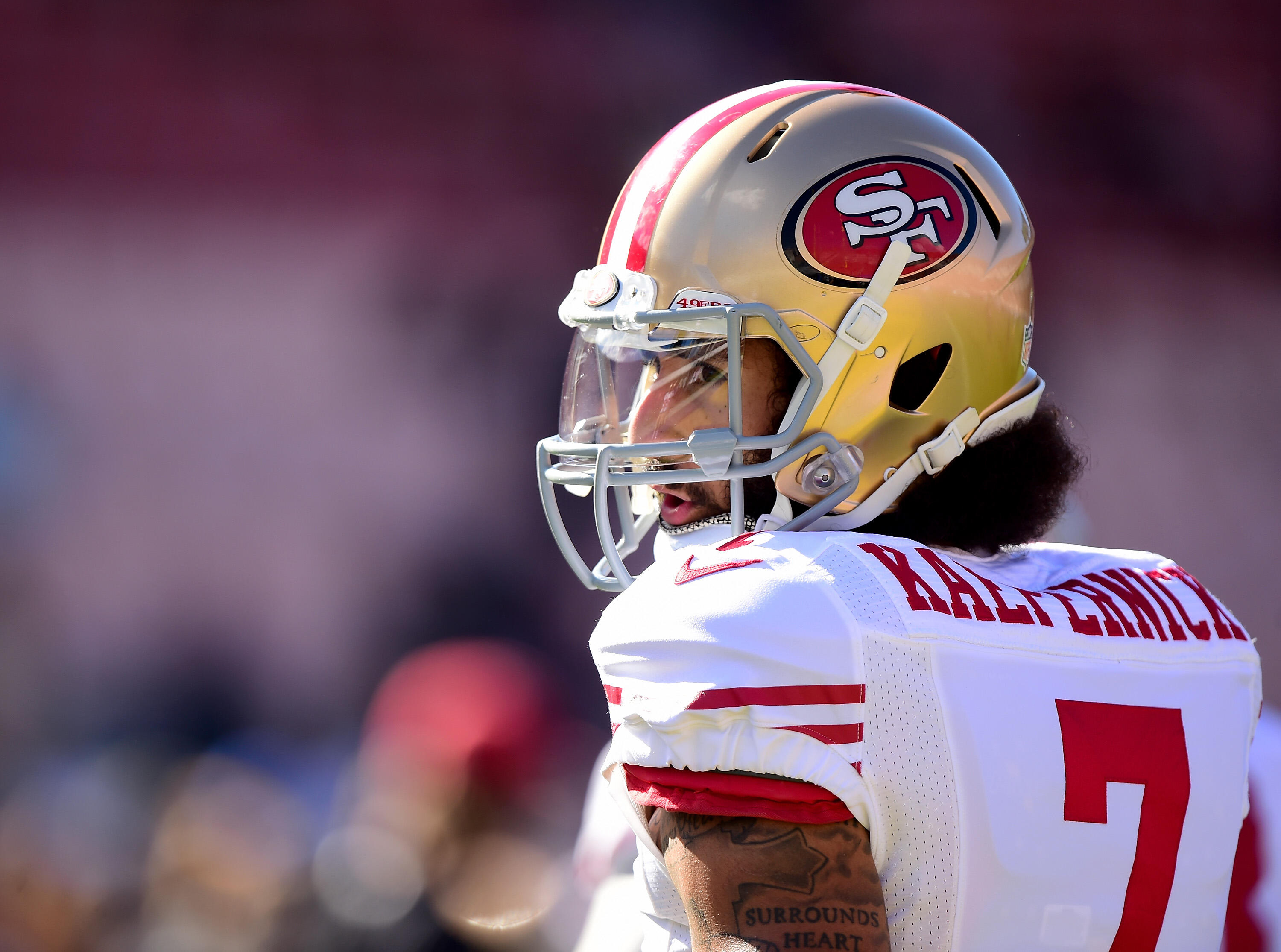 LOS ANGELES, CA - DECEMBER 24:  Colin Kaepernick #7 of the San Francisco 49ers warms up before the game against the Los Angeles Rams at Los Angeles Memorial Coliseum on December 24, 2016 in Los Angeles, California.  (Photo by Harry How/Getty Images)