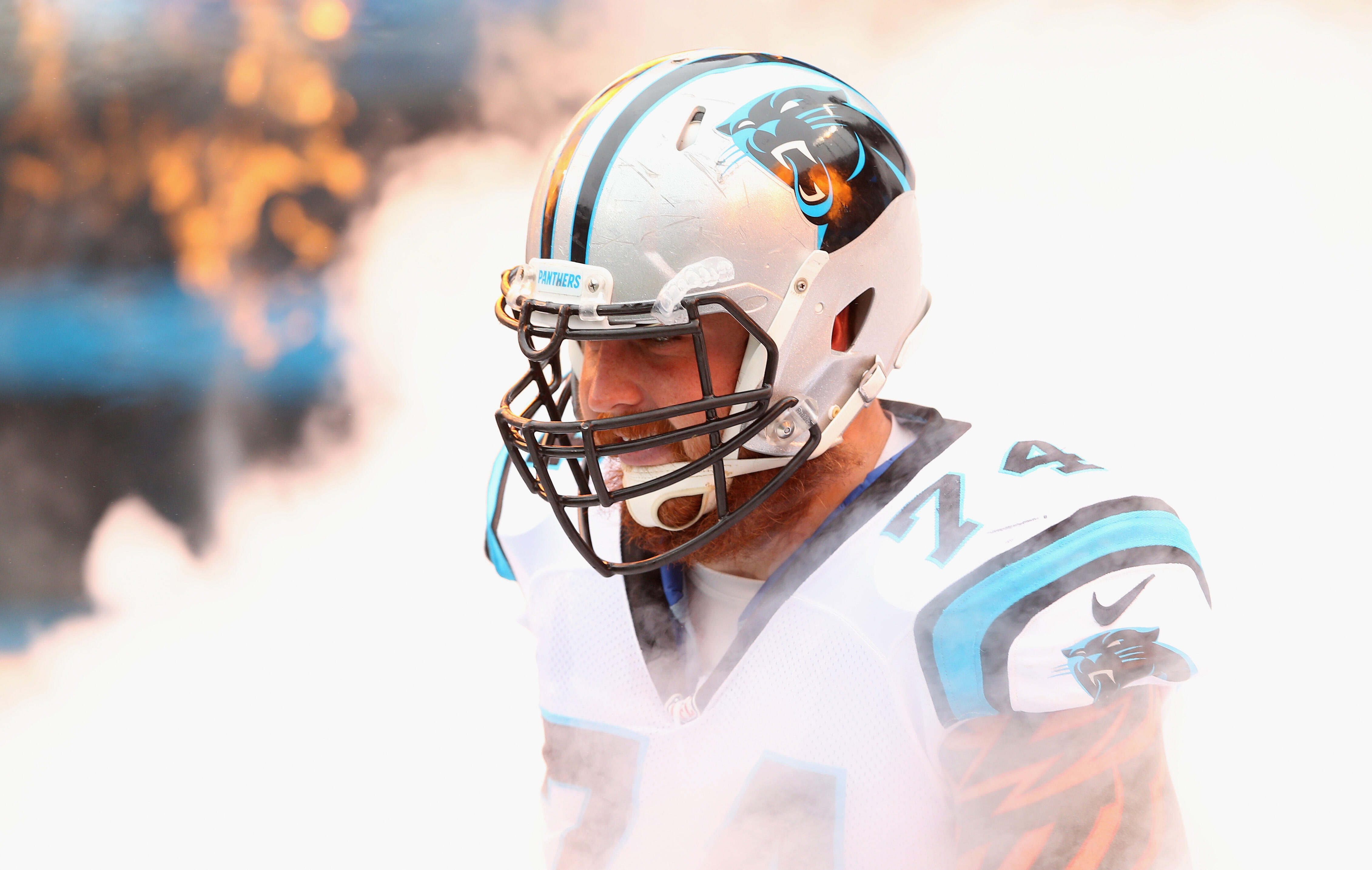 CHARLOTTE, NC - SEPTEMBER 27:   Mike Remmers #74 of the Carolina Panthers emerges from the tunnel before their game against the New Orleans Saints at Bank of America Stadium on September 27, 2015 in Charlotte, North Carolina.  (Photo by Streeter Lecka/Get