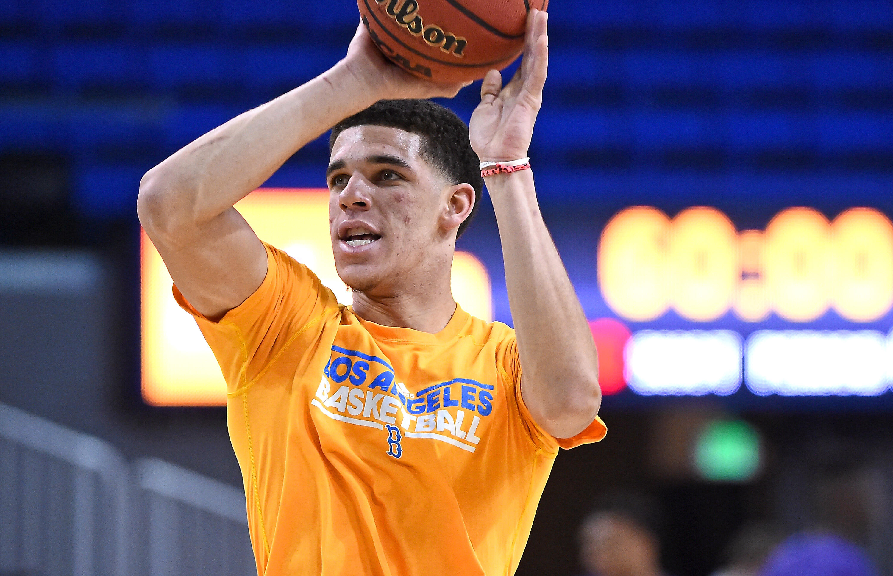 LOS ANGELES, CA - MARCH 1:  Lonzo Ball #2 of the UCLA Bruins warms up before the game against the Washington Huskies at Pauley Pavilion on March 1, 2017 in Los Angeles, California. (Photo by Jayne Kamin-Oncea/Getty Images).