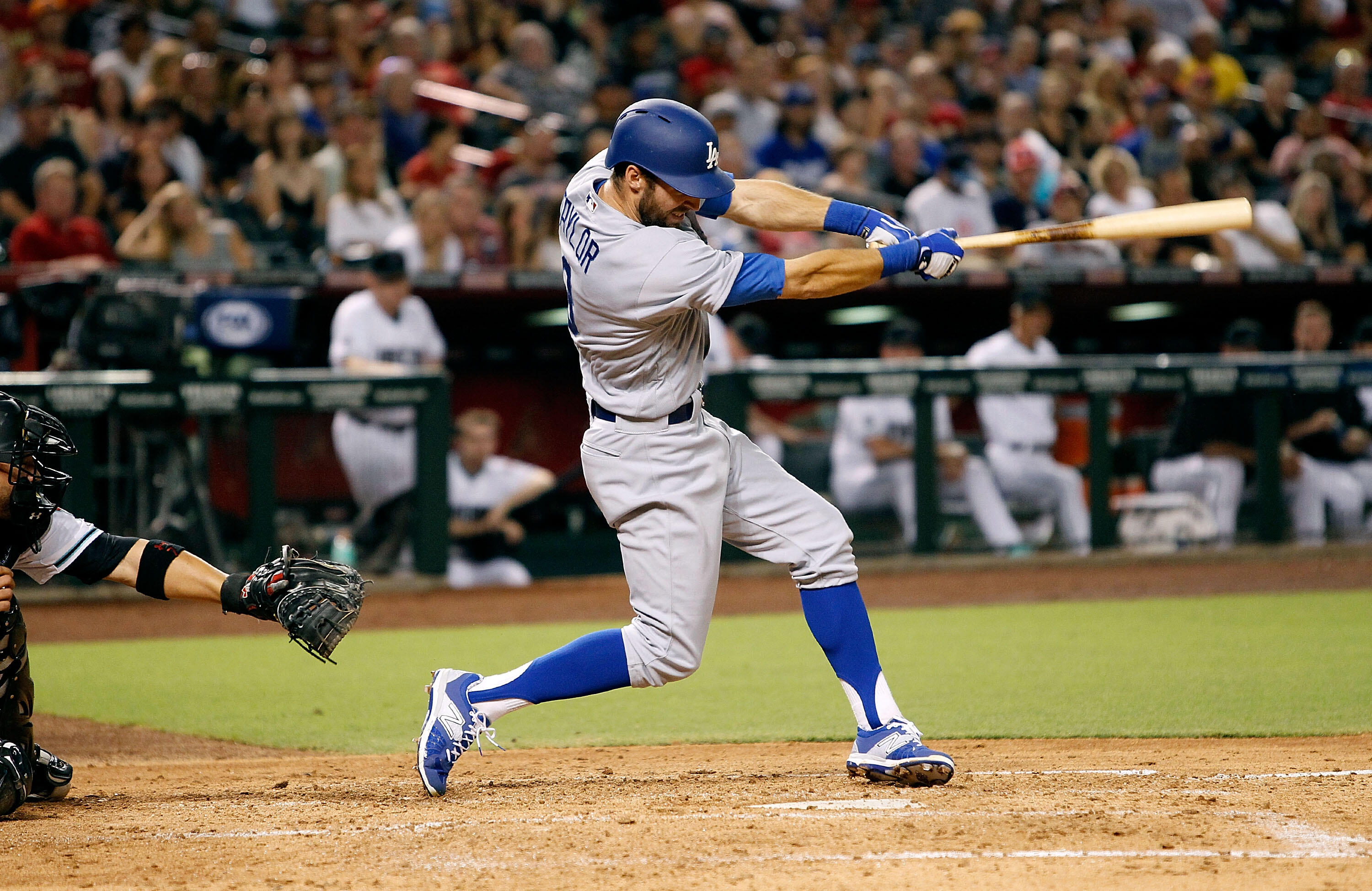 PHOENIX, AZ - JULY 15:  Chris Taylor #3 of the Los Angeles Dodgers hits a two RBI triple against the Arizona Diamondbacks during the fourth inning of a MLB game at Chase Field on July 15, 2016 in Phoenix, Arizona.  (Photo by Ralph Freso/Getty Images)