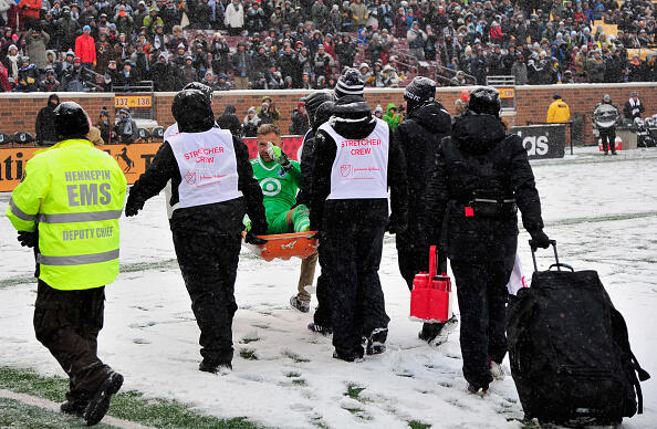 MINNEAPOLIS, MN - MARCH 12: John Alvbage #1 of Minnesota United FC gives a thumbs up as he is carried off the field on a stretcher during the second half of the match against the Atlanta United FC on March 12, 2017 at TCF Bank Stadium in Minneapolis, Minnesota. Atlanta defeated Minnesota 6-1. (Photo by Hannah Foslien/Getty Images)