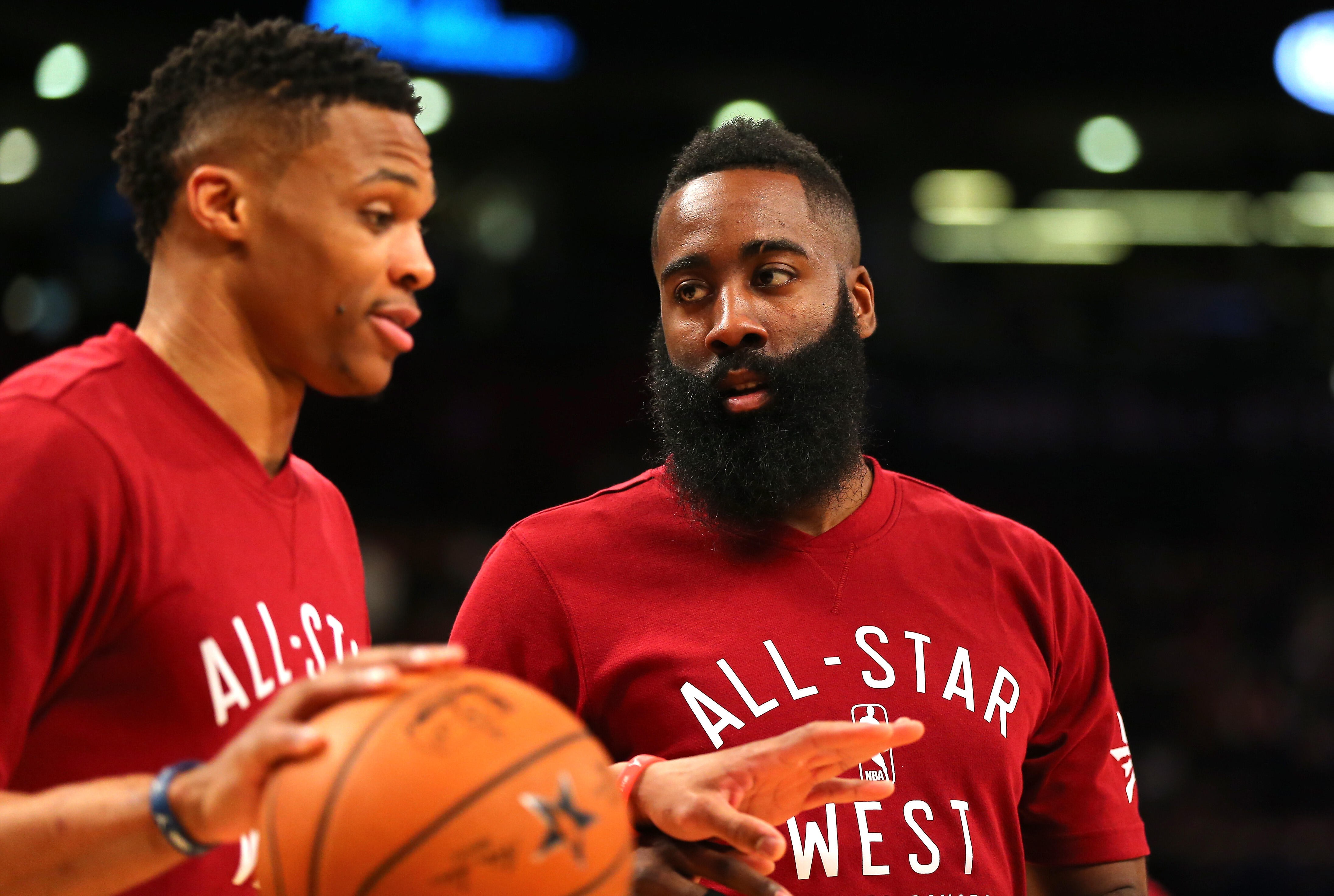 TORONTO, ON - FEBRUARY 14: Russell Westbrook #0 of the Oklahoma City Thunder and the Western Conference and James Harden #13 of the Houston Rockets and the Western Conference warm up before the NBA All-Star Game 2016 at the Air Canada Centre on February 1