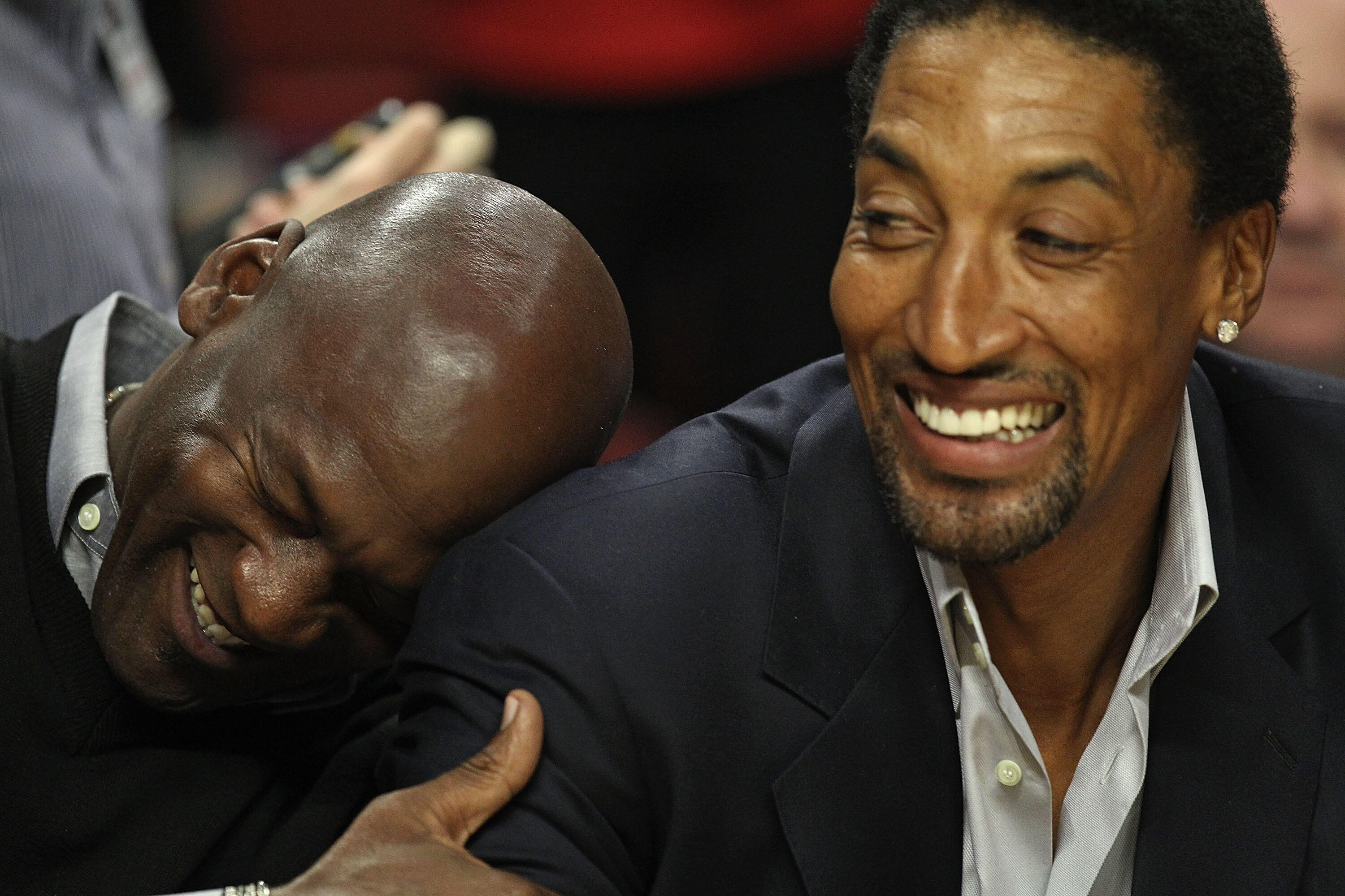 CHICAGO, IL - FEBRUARY 15: Former players Michael Jordan and Scottie Pippen of the Chicago Bulls share a laugh before a game between the Bulls and the Charlotte Bobcats at the United Center on February 15, 2011 in Chicago, Illinois. NOTE TO USER: User exp