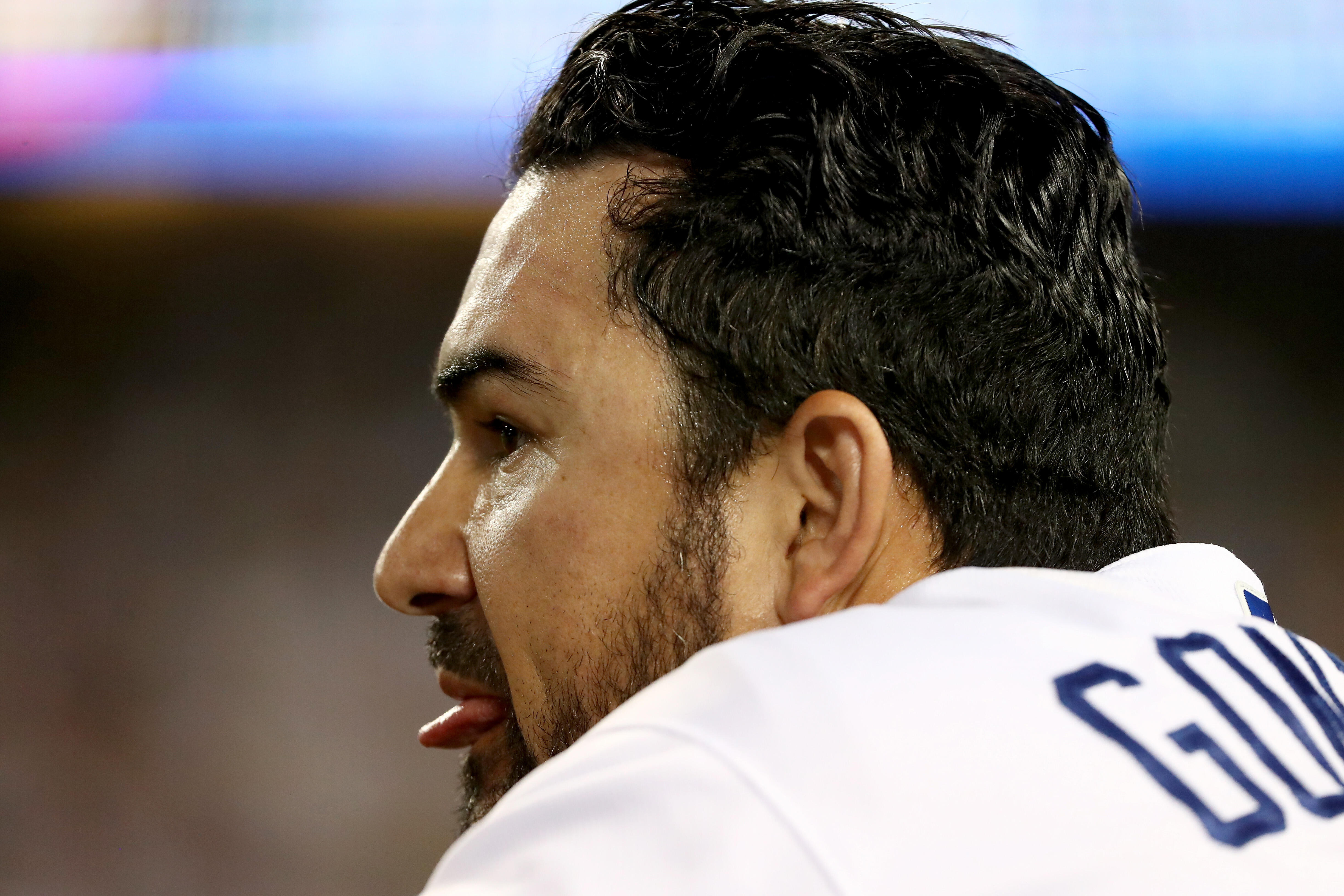 LOS ANGELES, CA - OCTOBER 20: Adrian Gonzalez #23 of the Los Angeles Dodgers reacts after a replay showed he was out at first base in the seventh inning against the Chicago Cubs in game five of the National League Division Series at Dodger Stadium on Octo