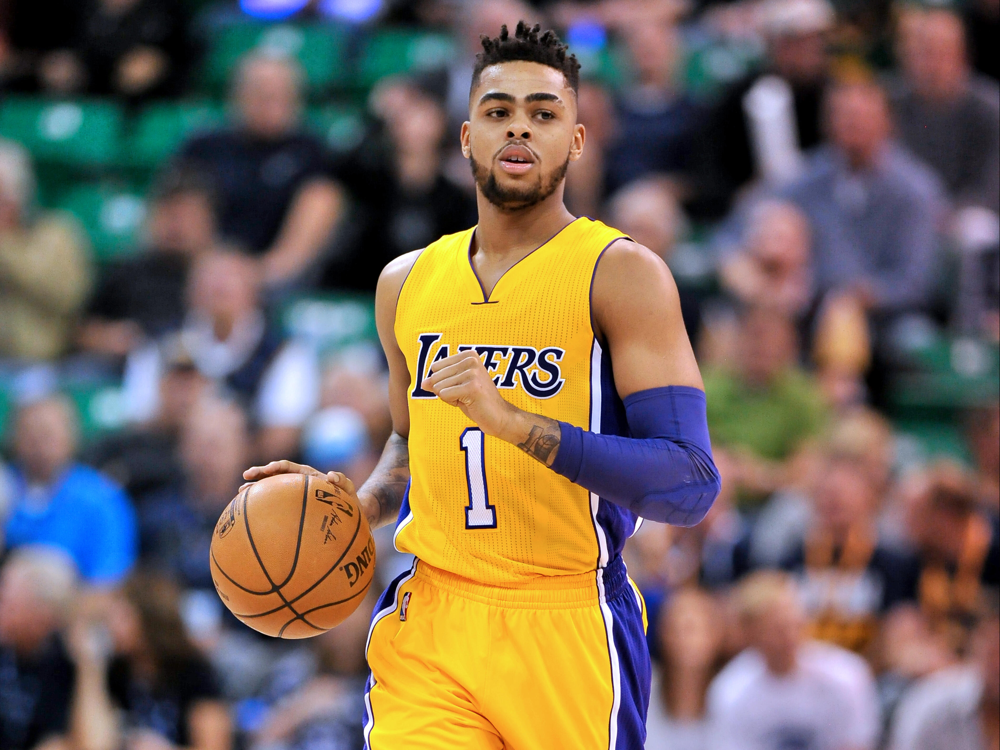 SALT LAKE CITY, UT - OCTOBER 28: D'Angelo Russell #1 of the Los Angeles Lakers controls the ball during their game against the Utah Jazz at Vivint Smart Home Arena on October 28, 2016 in Salt Lake City, Utah. NOTE TO USER: User expressly acknowledges and 