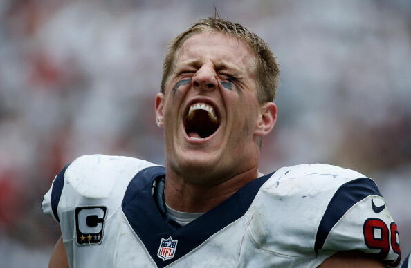 HOUSTON, TX - SEPTEMBER 15:  J.J. Watt #99 of the Houston Texans screams towards the stands during the game against the Tennessee Titans at Reliant Stadium on September 15, 2013 in Houston, Texas.  (Photo by Scott Halleran/Getty Images)