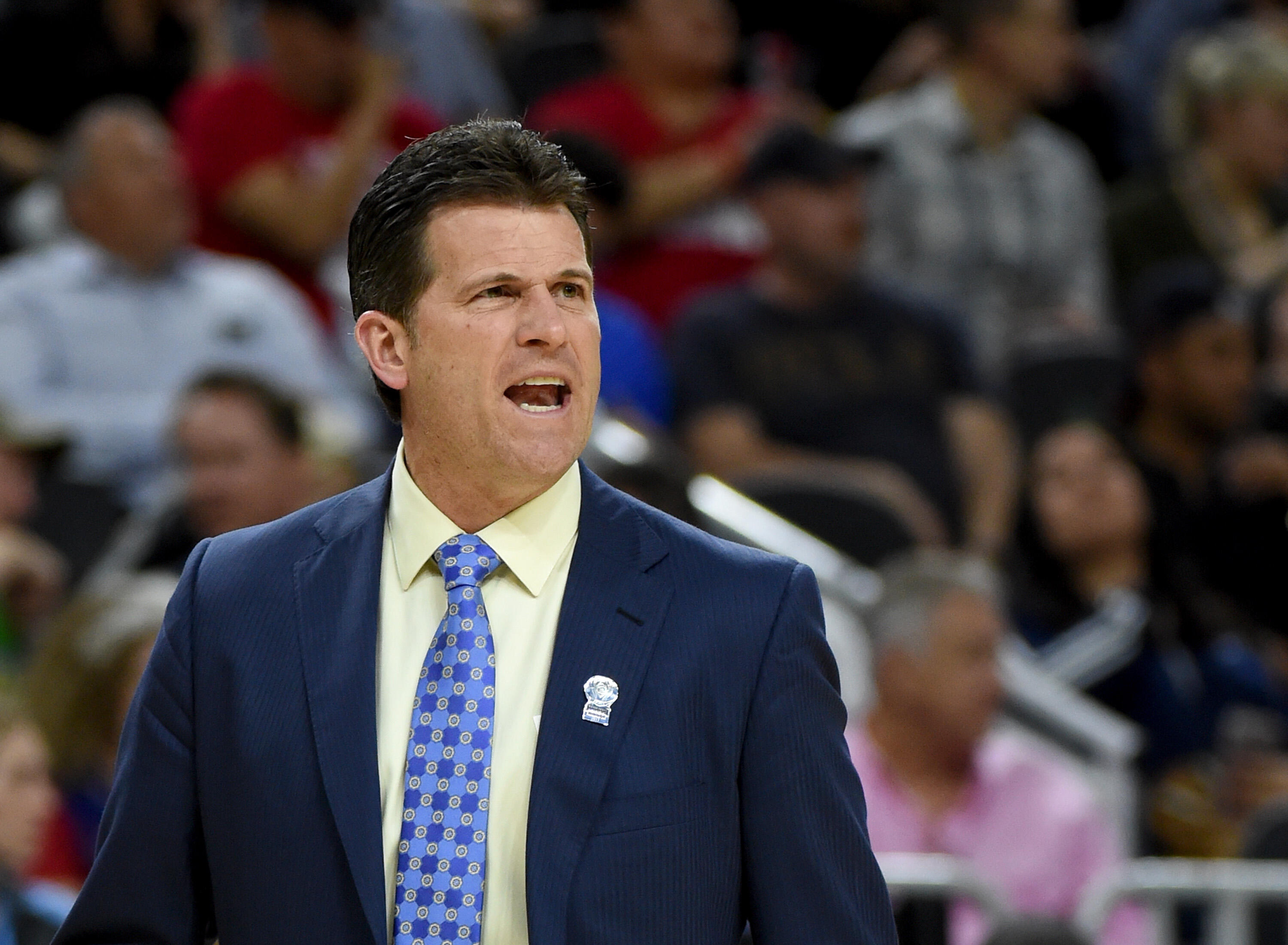 LAS VEGAS, NV - MARCH 10:  Head coach Steve Alford of the UCLA Bruins  reacts during a semifinal game of the Pac-12 Basketball Tournament against the Arizona Wildcats at T-Mobile Arena on March 10, 2017 in Las Vegas, Nevada.  (Photo by Ethan Miller/Getty 