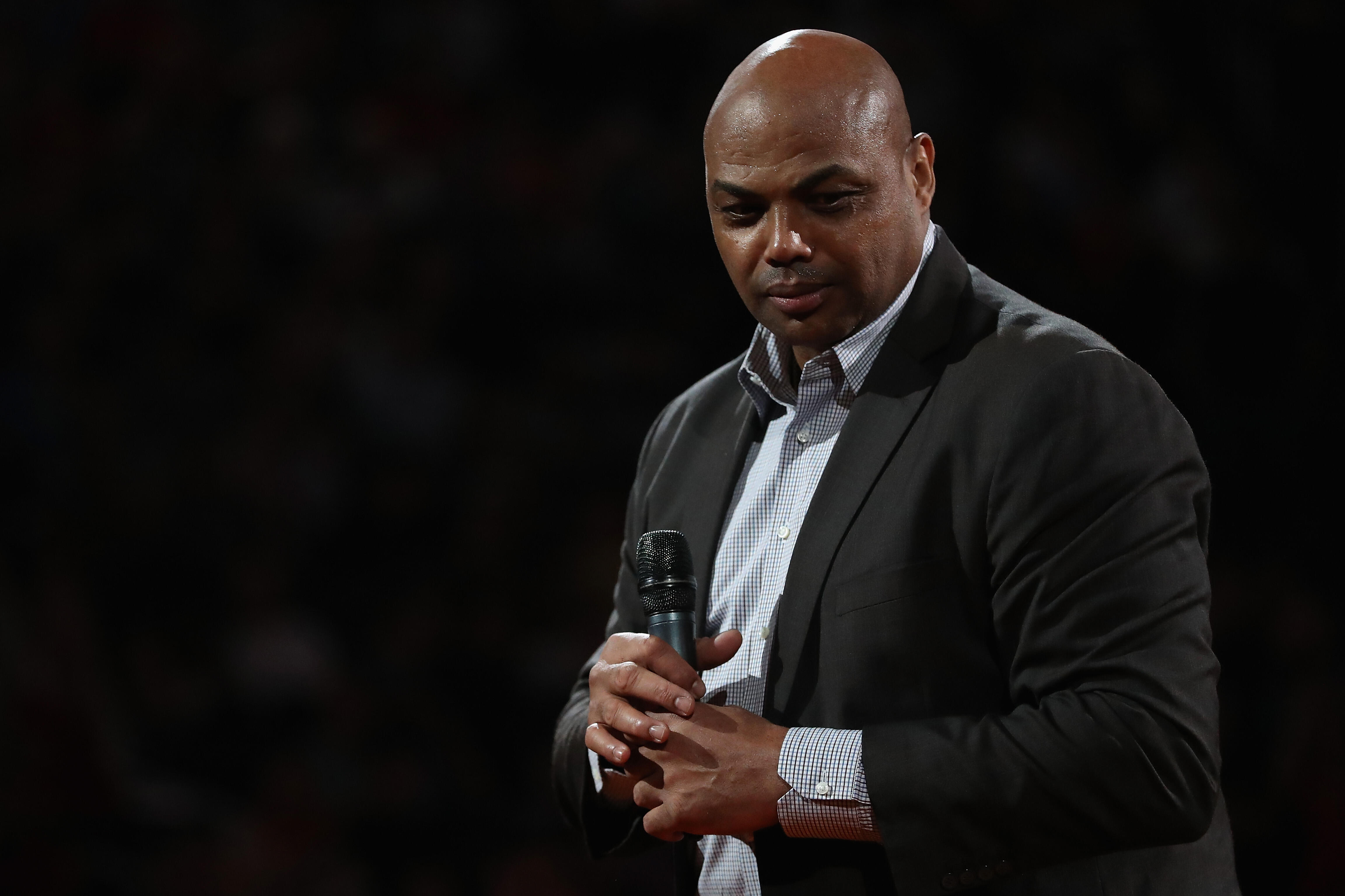 PHOENIX, AZ - MARCH 03:  NBA legend Charles Barkley speaks during half time of the NBA game between the Oklahoma City Thunder and the Phoenix Suns at Talking Stick Resort Arena on March 3, 2017 in Phoenix, Arizona. NOTE TO USER: User expressly acknowledge