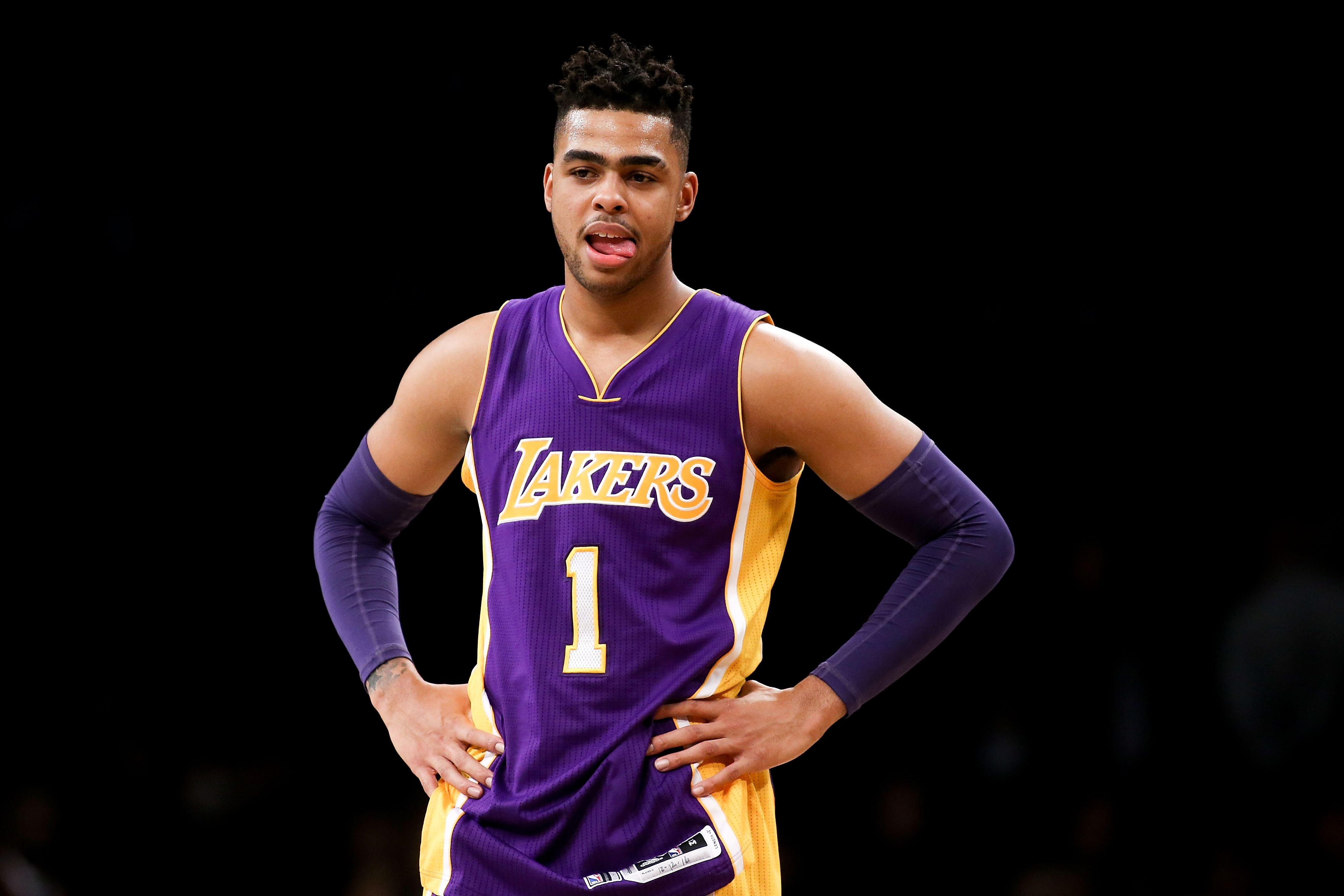 NEW YORK, NY - DECEMBER 14:  D'Angelo Russell #1 of the Los Angeles Lakers looks on against the Brooklyn Nets in the second half at Barclays Center on December 14, 2016 in the Brooklyn borough of New York City. NOTE TO USER: User expressly acknowledges an