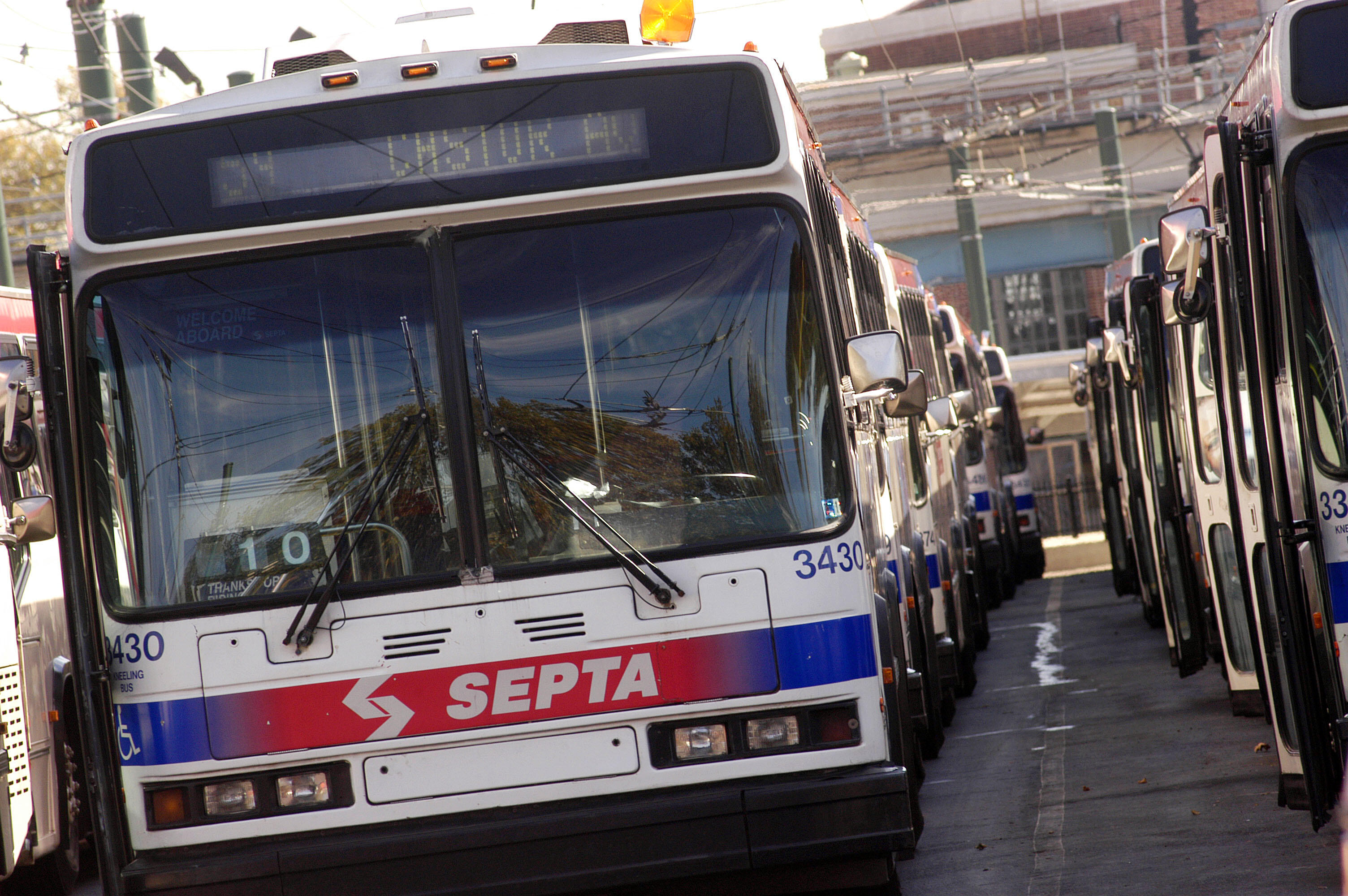 PHILADELPHIA - OCTOBER 31:  Buses sit idle at SEPTA's (Southeastern Pennsylvania Transportation Authority) Frankford Transportation Center as members of Transport Workers Union Local 234 and United Transportation Union Local 1594 picket during a strike Oc