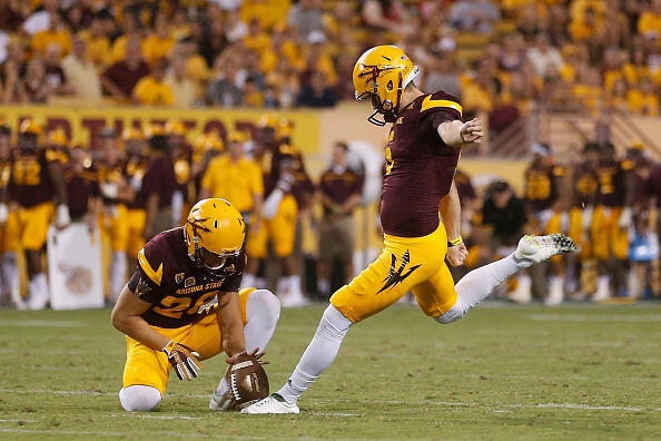 TEMPE, AZ - SEPTEMBER 12:  Place kicker Zane Gonzalez #5 of the Arizona State Sun Devils attempts a field goal against the Cal Poly Mustangs during the college football game at Sun Devil Stadium on September 12, 2015 in Tempe, Arizona.  (Photo by Christian Petersen/Getty Images)