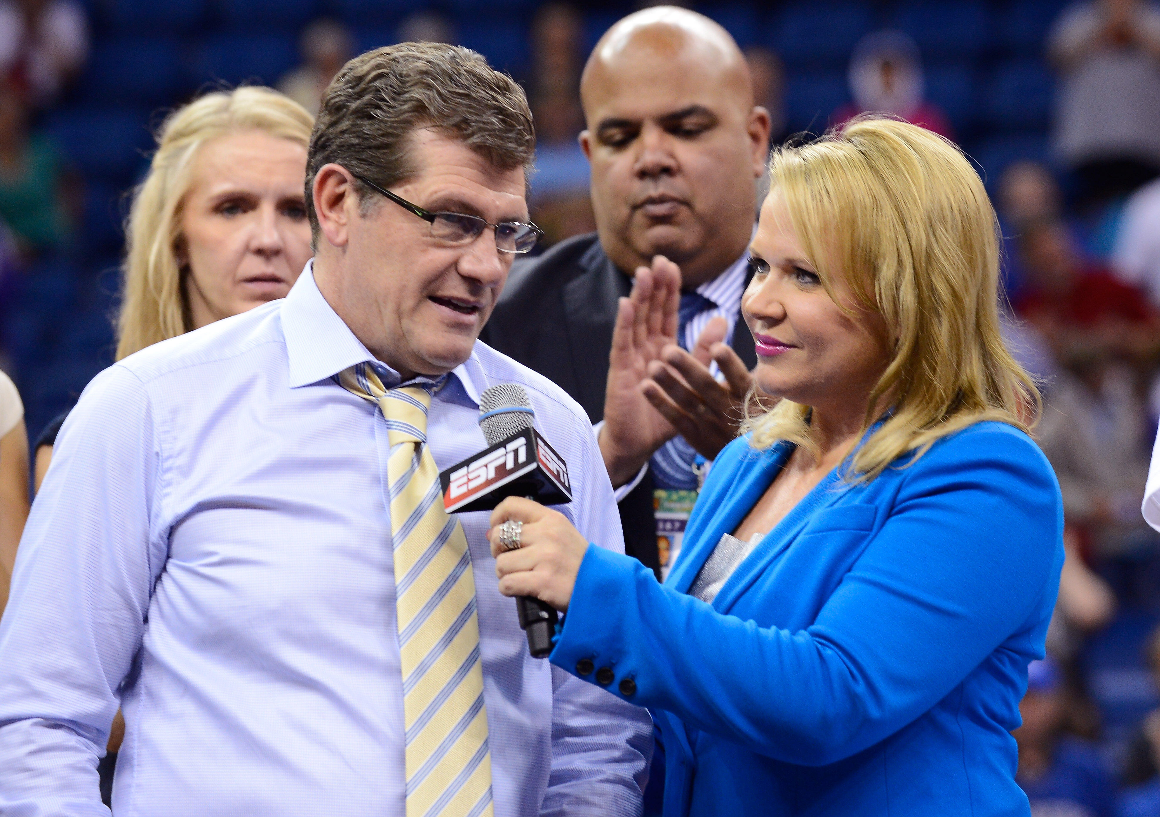 NEW ORLEANS, LA - APRIL 09: Head coach Geno Auriemma of the Connecticut Huskies speaks after defeating the Louisville Cardinals during the 2013 NCAA Women's Final Four Championship at New Orleans Arena on April 9, 2013 in New Orleans, Louisiana.  (Photo b