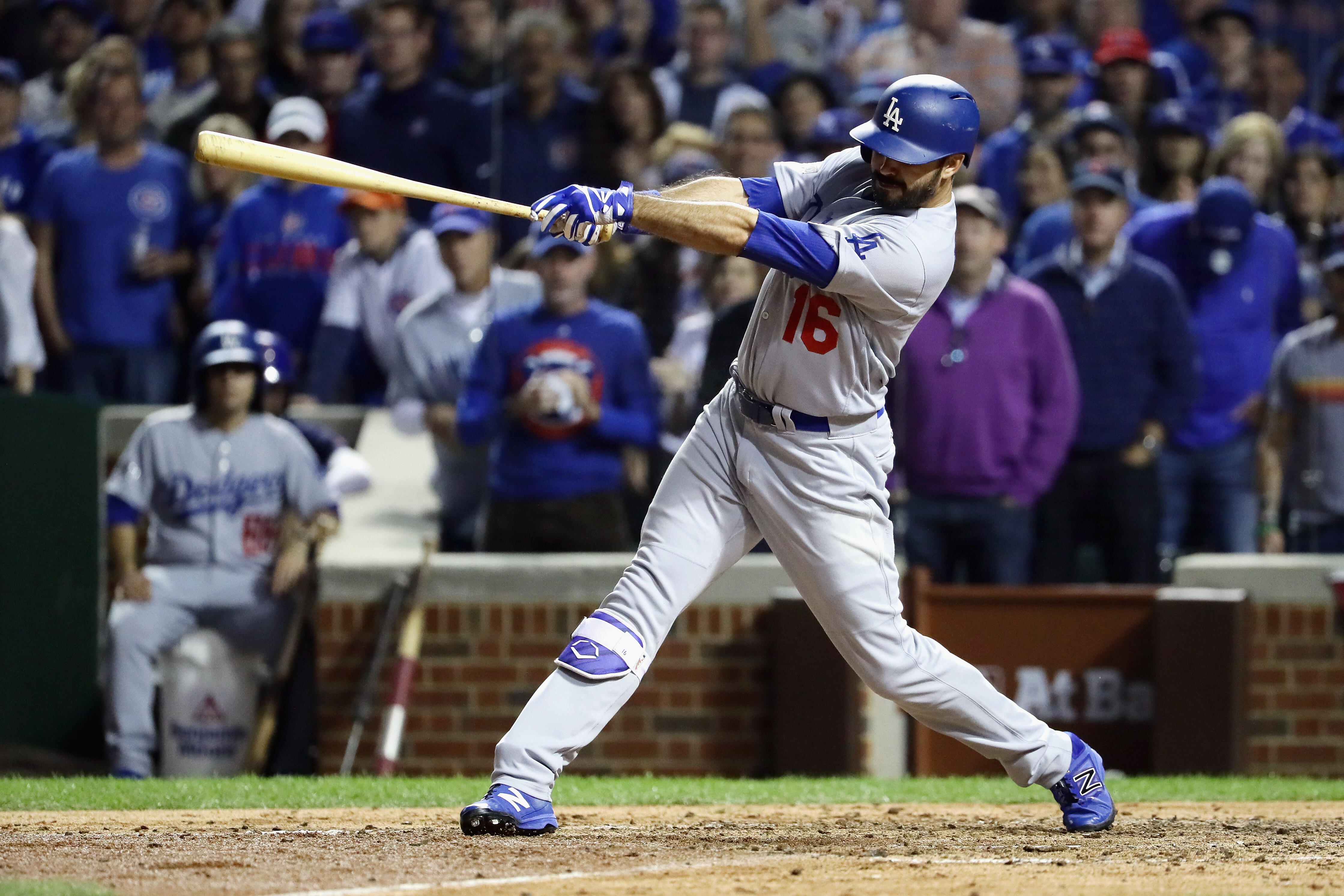 CHICAGO, IL - OCTOBER 15:  Andre Ethier #16 of the Los Angeles Dodgers hits a solo home run in the fifth inning against the Chicago Cubs during game one of the National League Championship Series at Wrigley Field on October 15, 2016 in Chicago, Illinois. 