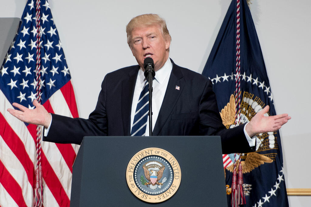 US President Donald Trump addresses the annual National Republican Congressional Committee dinner in Washington, DC, March 21, 2017. / AFP PHOTO / JIM WATSON        (Photo credit should read JIM WATSON/AFP/Getty Images)