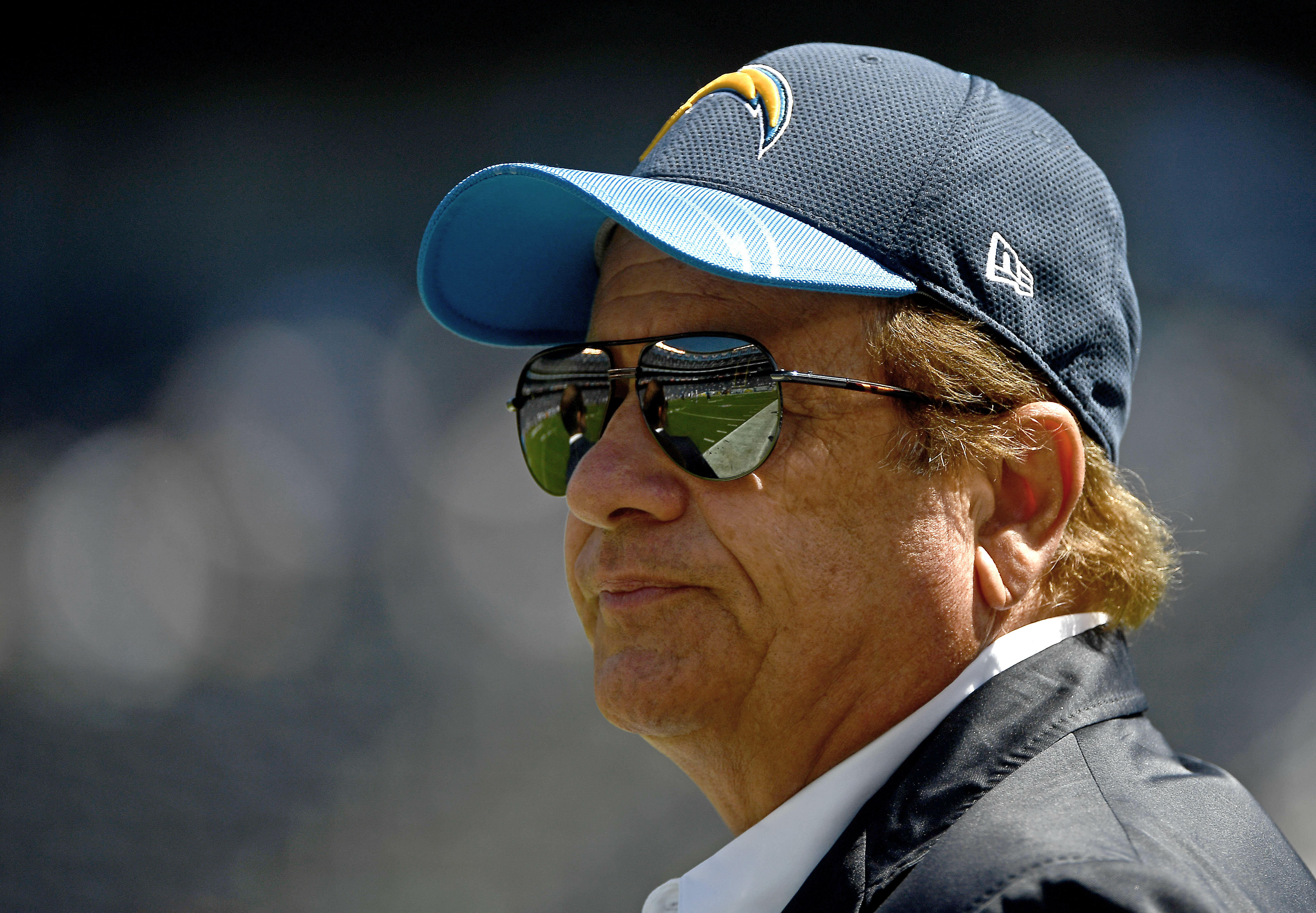 SAN DIEGO, CA - SEPTEMBER 18:  Dean Spanos, owner of the San Diego Chargers, looks on from the sidelines against the Jacksonville Jaguars during the first half of  a game at Qualcomm Stadium on September 18, 2016 in San Diego, California. (Photo by Donald