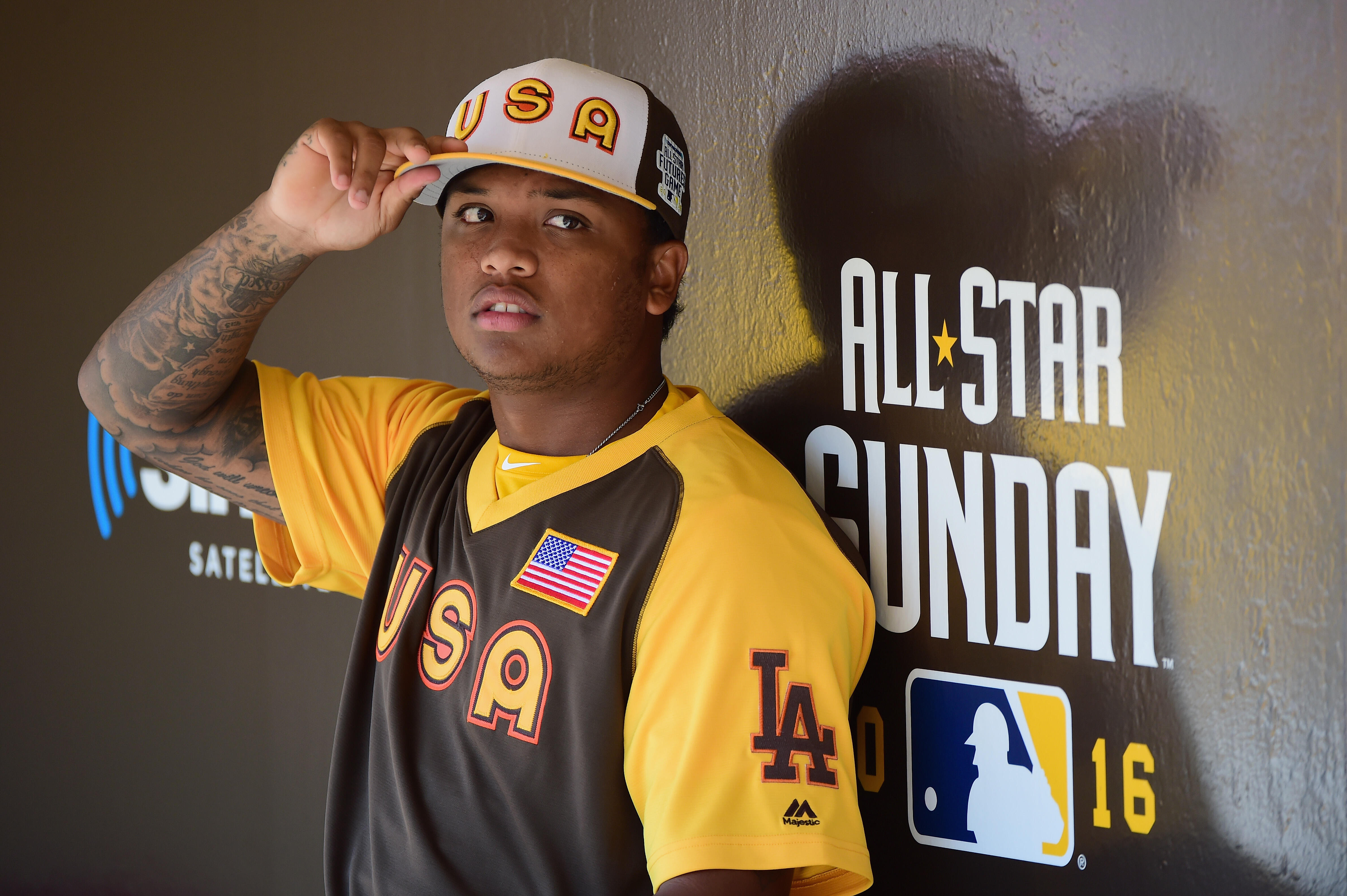 SAN DIEGO, CA - JULY 10:  Willie Calhoun of the Los Angeles Dodgers and the U.S. Team warms up prior to the SiriusXM All-Star Futures Game at PETCO Park on July 10, 2016 in San Diego, California.  (Photo by Harry How/Getty Images)