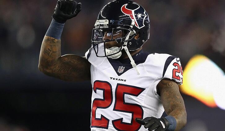 FOXBORO, MA - JANUARY 14:  Kareem Jackson #25 of the Houston Texans reacts in the first half against the New England Patriots during the AFC Divisional Playoff Game at Gillette Stadium on January 14, 2017 in Foxboro, Massachusetts.  (Photo by Elsa/Getty I