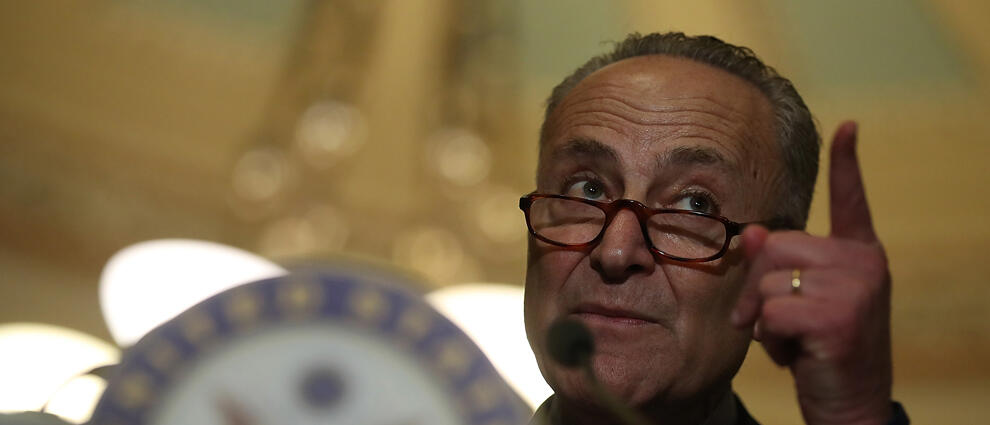 WASHINGTON, DC - MARCH 14:  Senate Minority Leader Charles Schumer (D-NY) speaks during a news conference on Capitol Hill on March 14, 2017 in Washington, DC. Republican and Democratic senators answered a range of questions following their weekly policy l