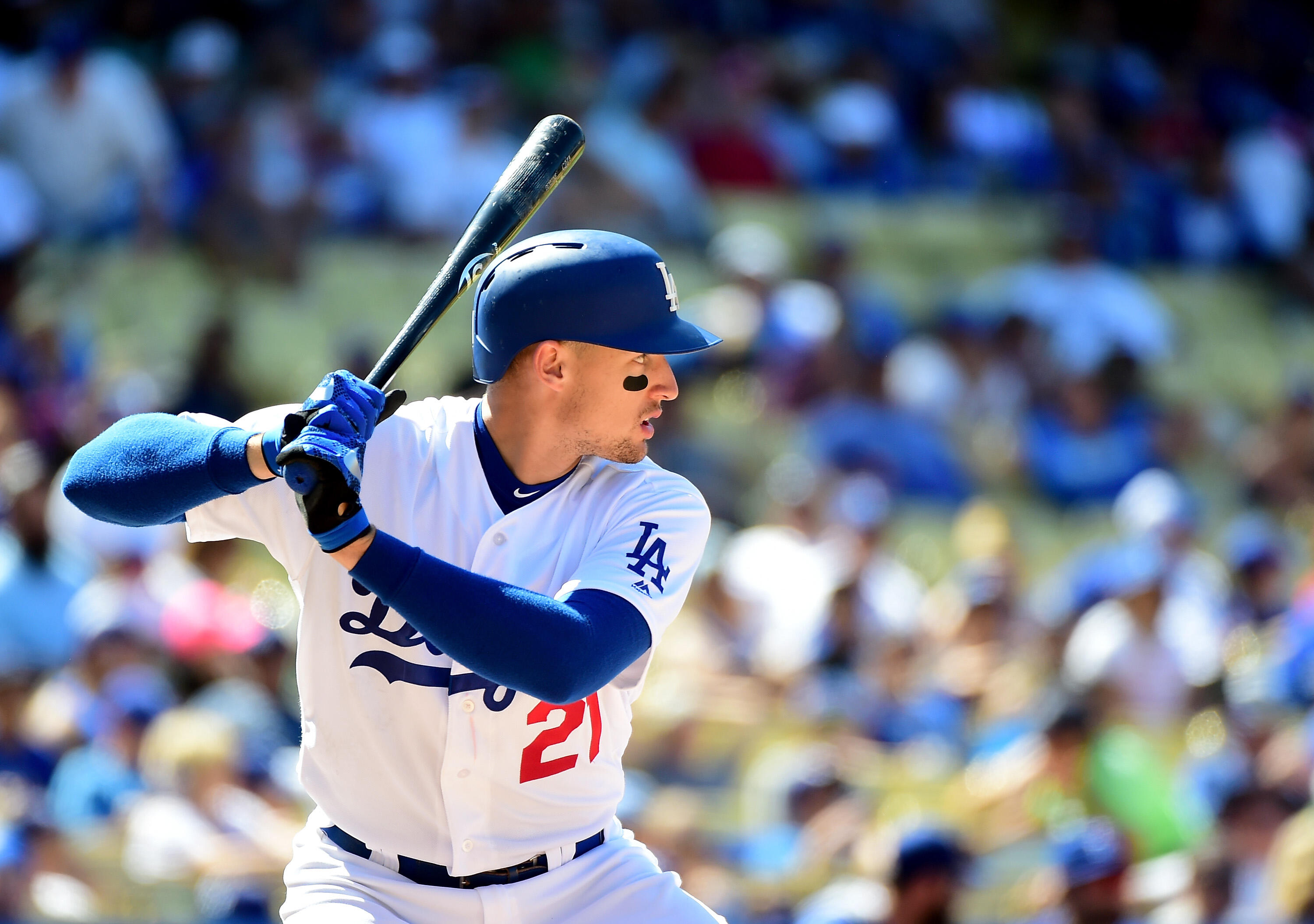 LOS ANGELES, CA - JULY 03:  Trayce Thompson #21 of the Los Angeles Dodgers at bat during the game against the Colorado Rockies at Dodger Stadium on July 3, 2016 in Los Angeles, California.  (Photo by Harry How/Getty Images)