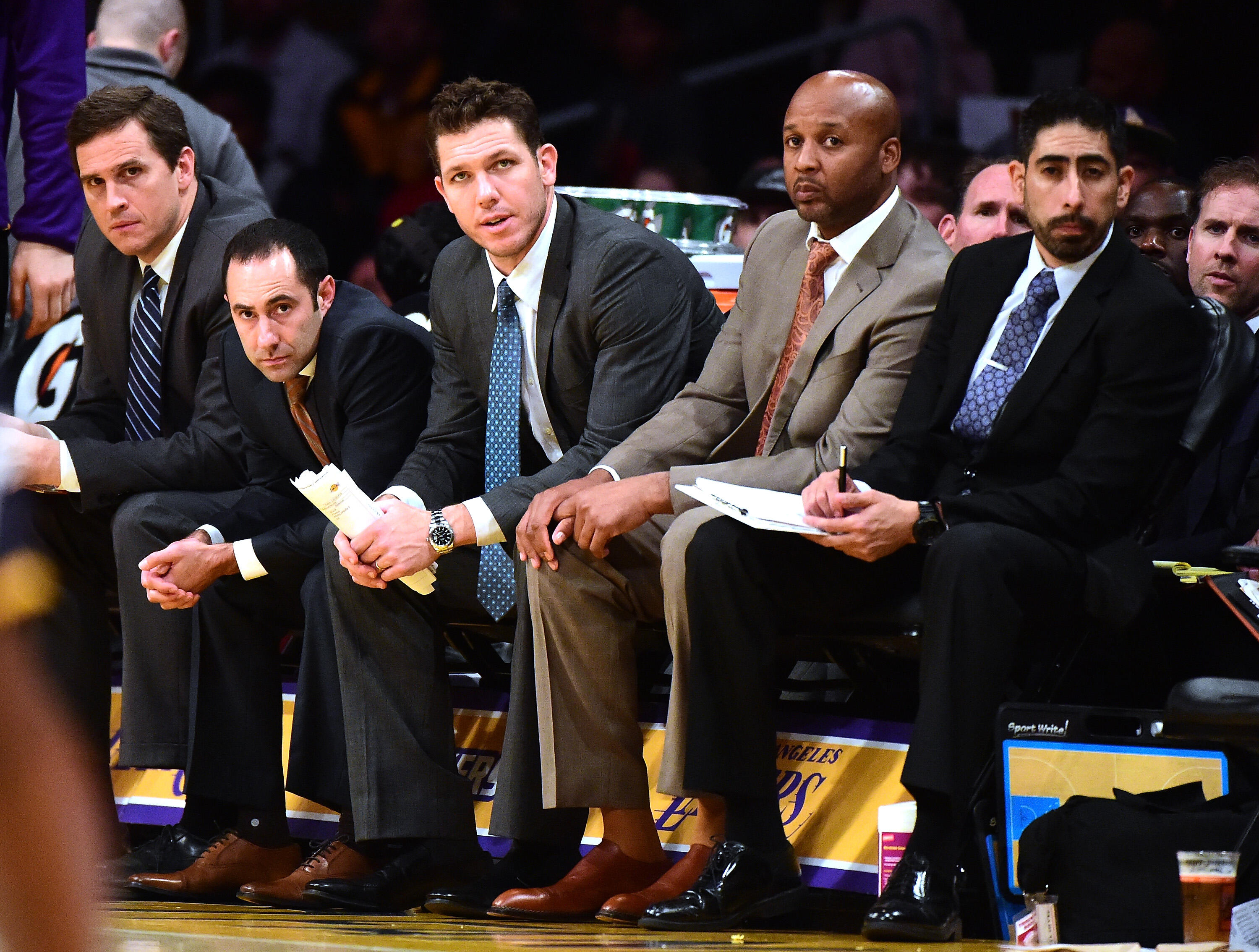 LOS ANGELES, CA - DECEMBER 05:  Head Coach Luke Walton of the Los Angeles Lakers watches play with his coaching staff from the bench during the second half of a 107-101 Utah Jazz win at Staples Center on December 5, 2016 in Los Angeles, California.  NOTE 