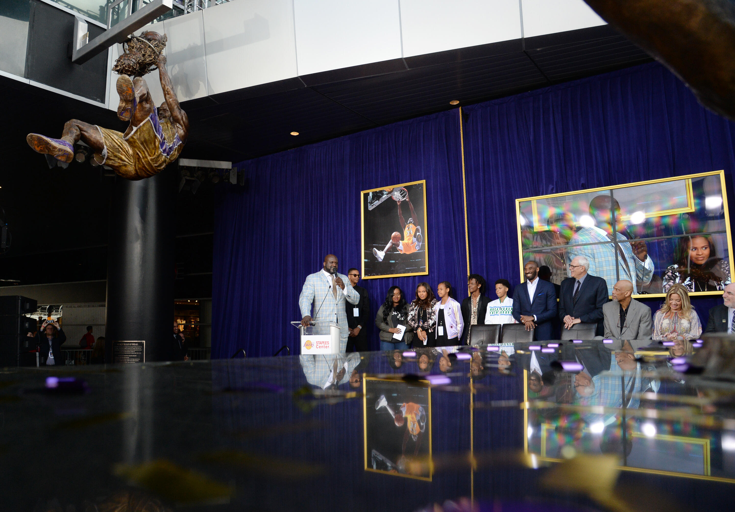 LOS ANGELES, CA - MARCH 24: Former Los Angeles Lakers player Shaquille O'Neal speaks after unveiling of his statue at Staples Center March 24, 2017, in Los Angeles, California. NOTE TO USER: User expressly acknowledges and agrees that, by downloading and 