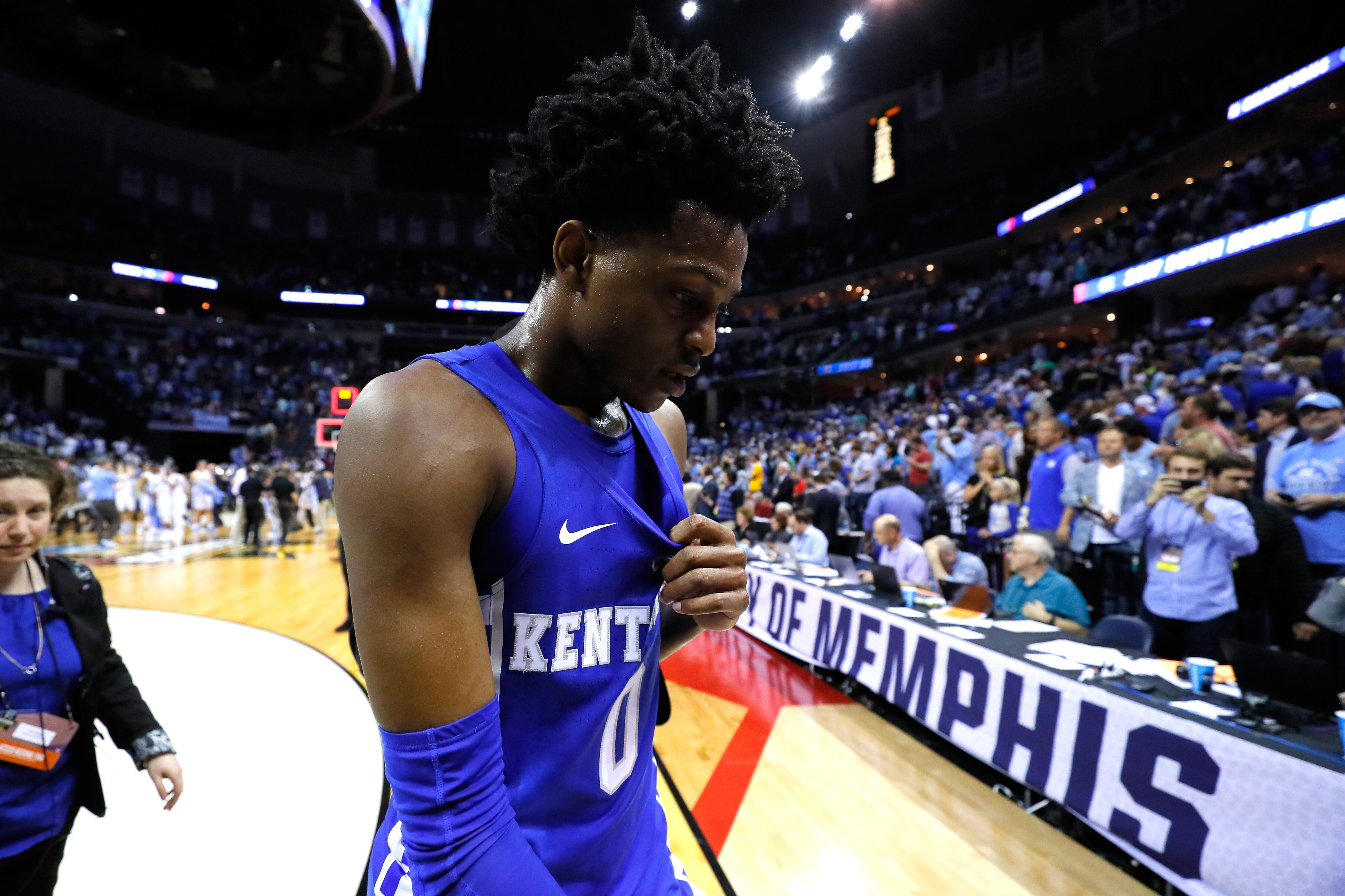 MEMPHIS, TN - MARCH 26: De'Aaron Fox #0 of the Kentucky Wildcats walks off the court after being defeated by the North Carolina Tar Heels during the 2017 NCAA Men's Basketball Tournament South Regional at FedExForum on March 26, 2017 in Memphis, Tennessee