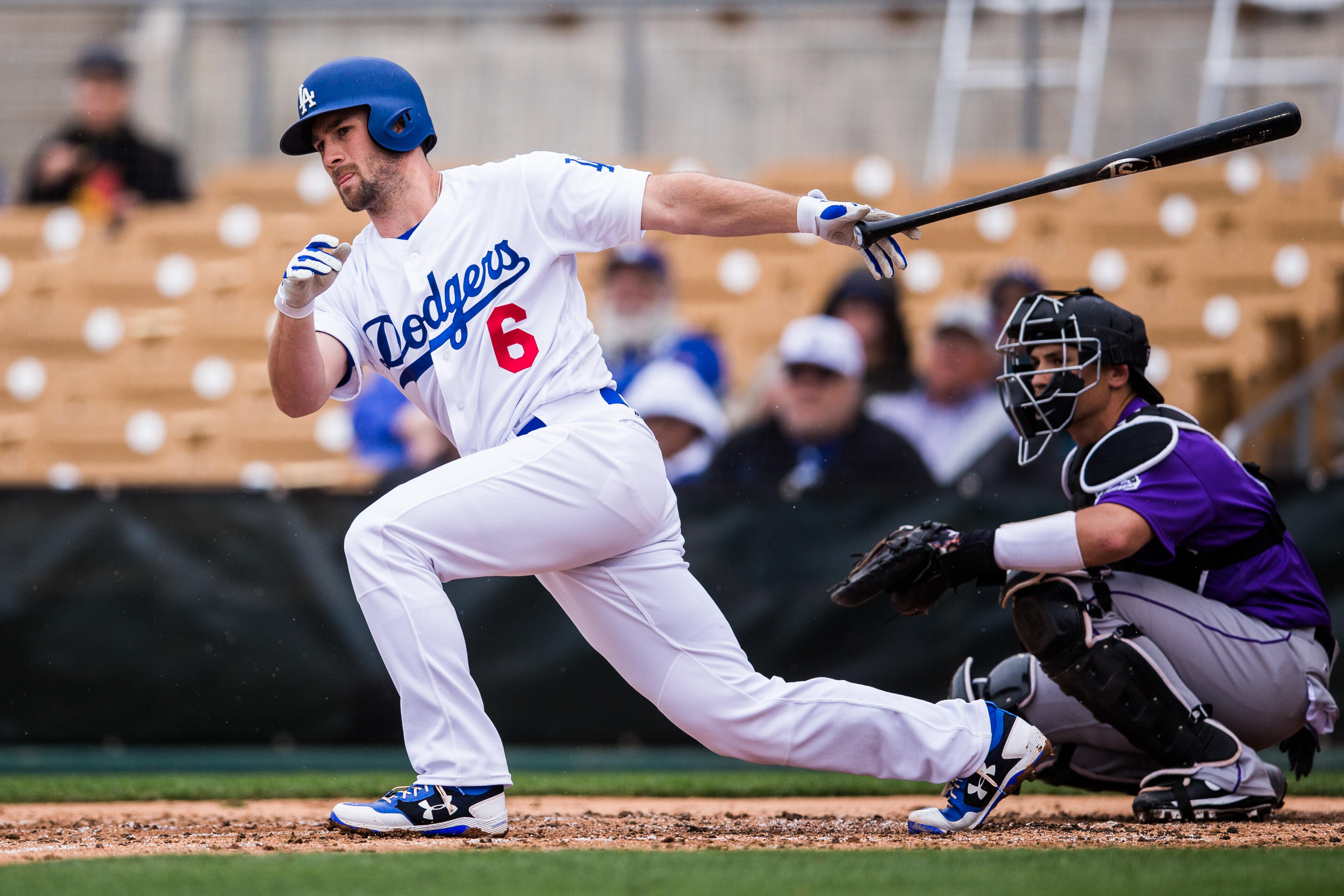 GLENDALE, AZ - FEBRUARY 27:  Charlie Culberson #6 of the Los Angeles Dodgers singles in the third inning during a spring training game against the Colorado Rockies at Camelback Ranch on February 27, 2017 in Glendale, Arizona. (Photo by Rob Tringali/Getty 