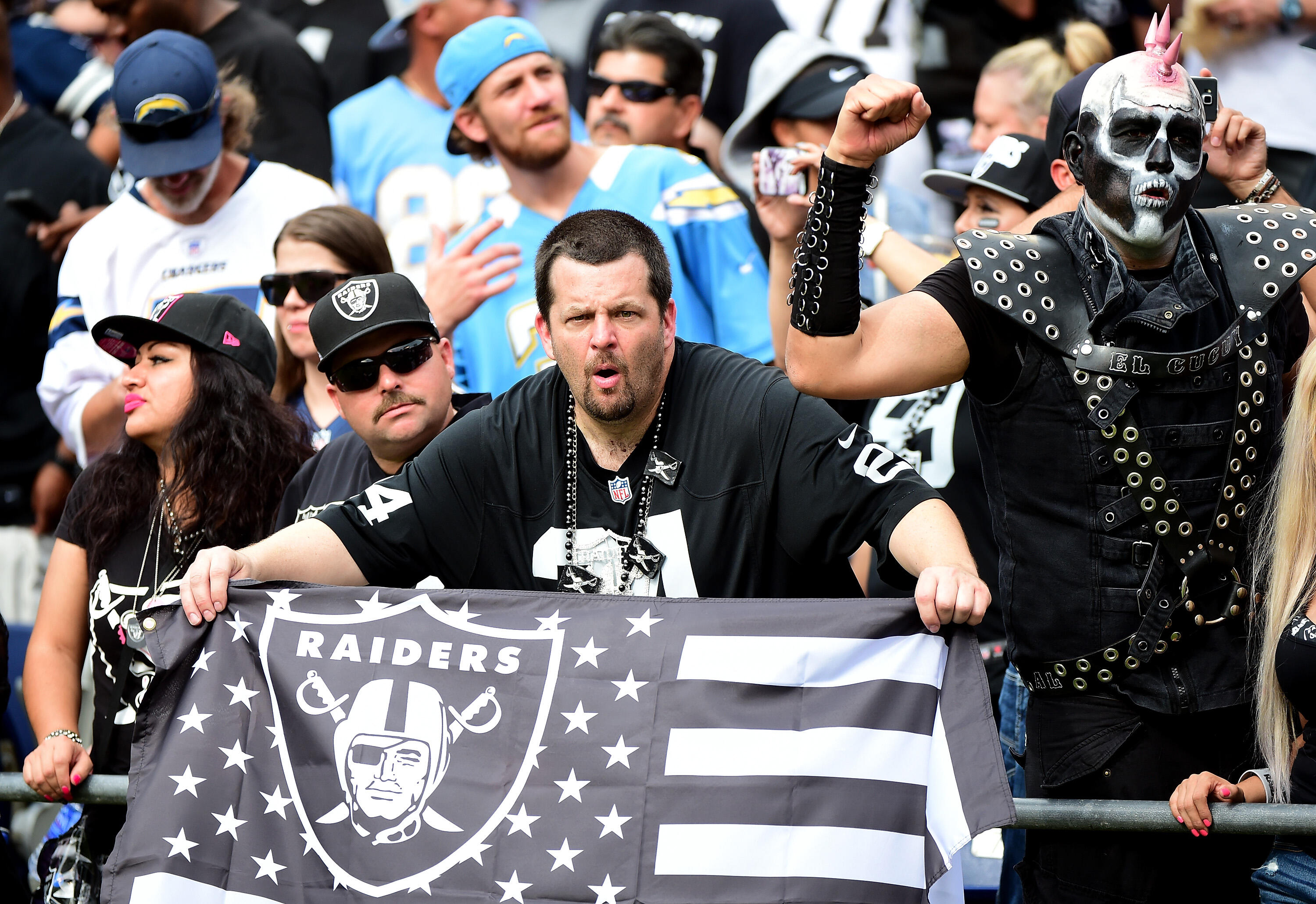 SAN DIEGO, CA - OCTOBER 25:  Oakland Raiders fans during the game against the San Diego Chargers at Qualcomm Stadium on October 25, 2015 in San Diego, California.  (Photo by Harry How/Getty Images)