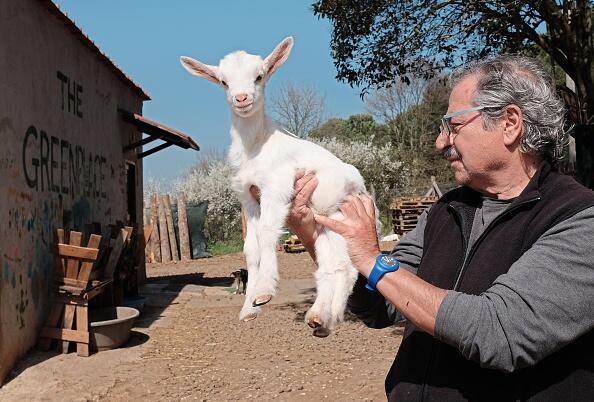 TO GO WITH AFP STORY BY ANGUS MACKINNON - A volunteer of The Green Place, an animal refuge, holds a baby goat named 