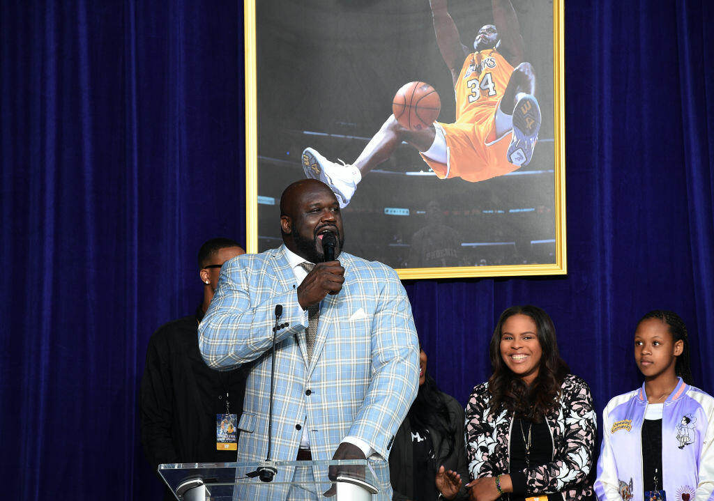 LOS ANGELES, CA - MARCH 24: Former Los Angeles Lakers player Shaquille O'Neal speaks after unveiling of his statue while his children look on at Staples Center March 24, 2017, in Los Angeles, California. NOTE TO USER: User expressly acknowledges and agrees that, by downloading and or using this photograph, User is consenting to the terms and conditions of the Getty Images License Agreement. (Photo by Kevork Djansezian/Getty Images)