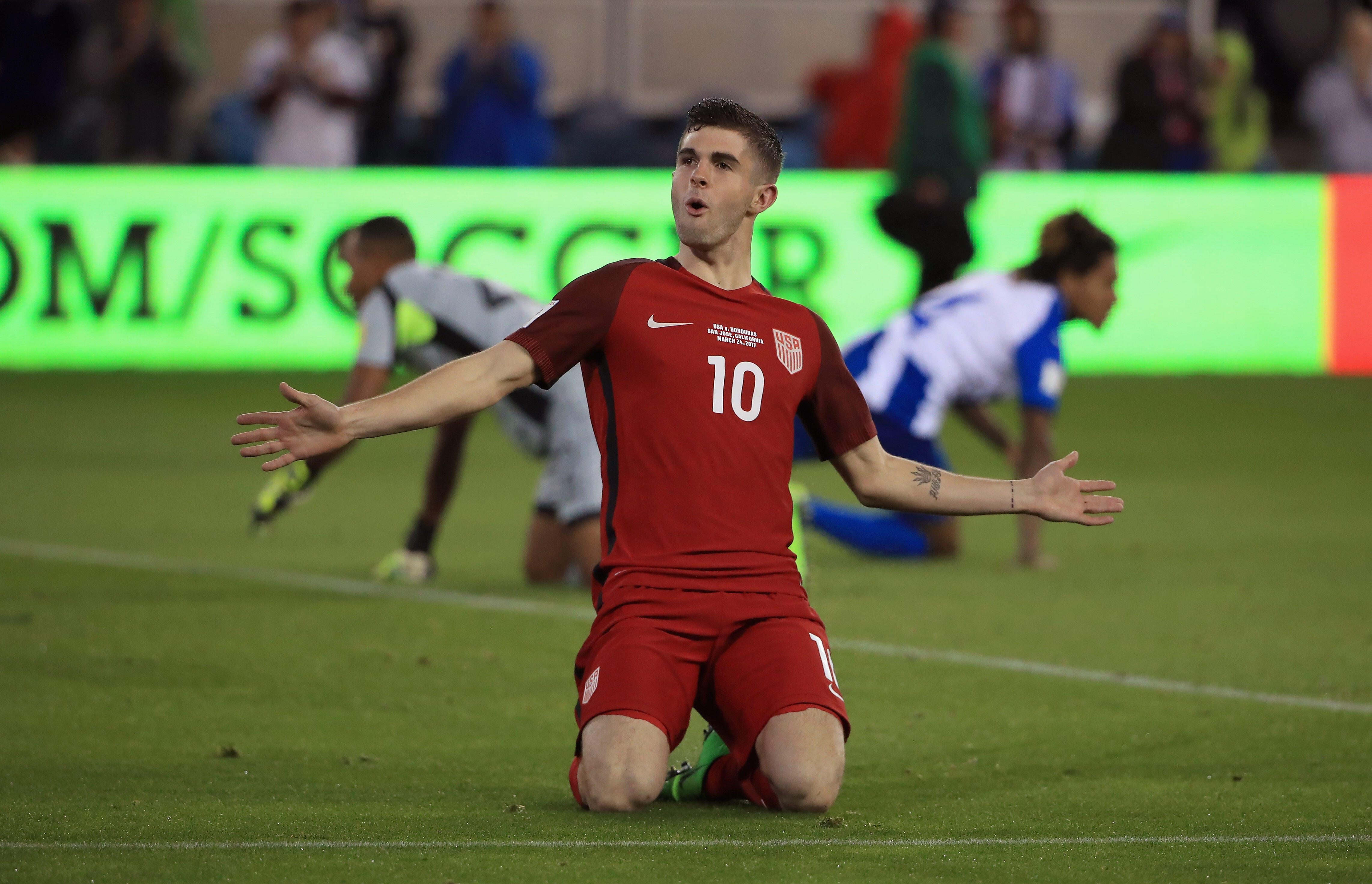 SAN JOSE, CA - MARCH 24:  Christian Pulisic #10 of the United States celebrates after scoring a goal against Honduras during their FIFA 2018 World Cup Qualifier at Avaya Stadium on March 24, 2017 in San Jose, California.  (Photo by Ezra Shaw/Getty Images)