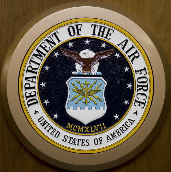 The Department of the Air Force logo hangs on the wall February 24, 2009, at the Pentagon in Washington,DC.        AFP Photo/Paul J. Richards (Photo credit should read PAUL J. RICHARDS/AFP/Getty Images)