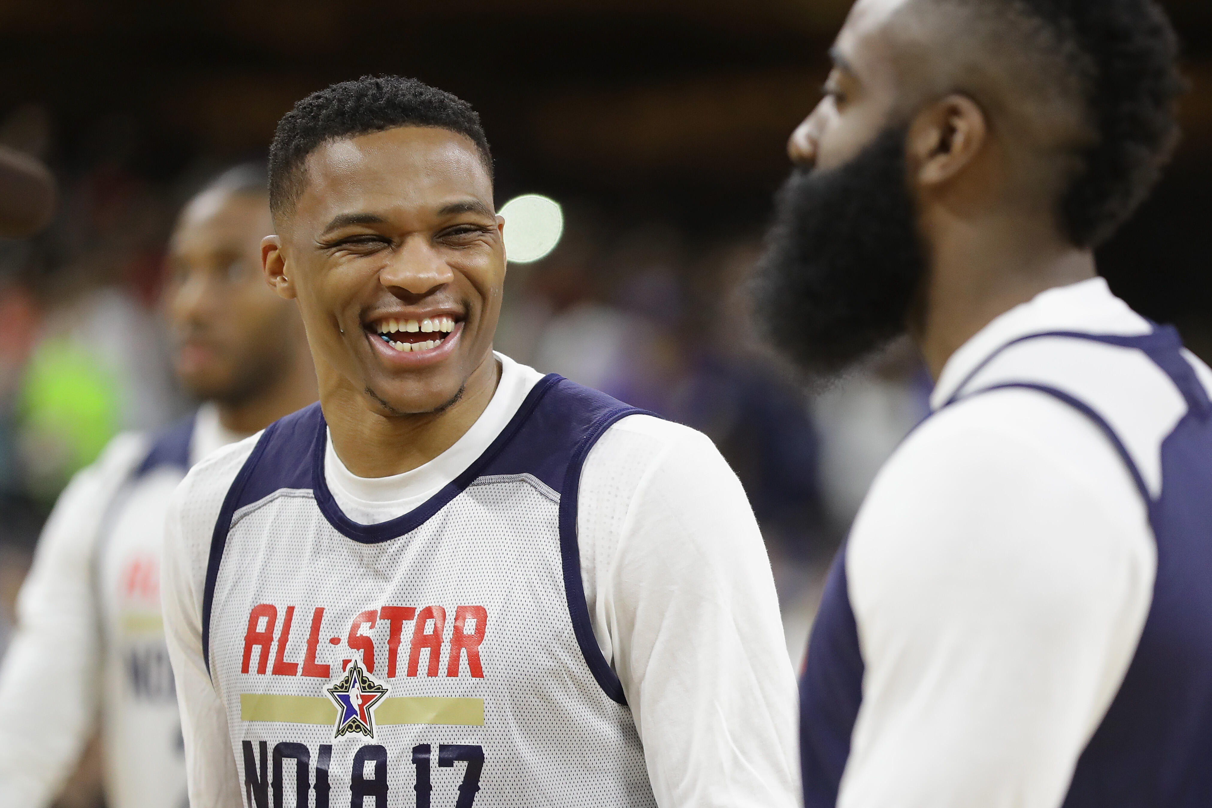 NEW ORLEANS, LA - FEBRUARY 18:  Russell Westbrook #0 of the Oklahoma City Thunder reacts with James Harden #13 of the Houston Rockets during practice for the 2017 NBA All-Star Game at the Mercedes-Benz Superdome on February 18, 2017 in New Orleans, Louisi