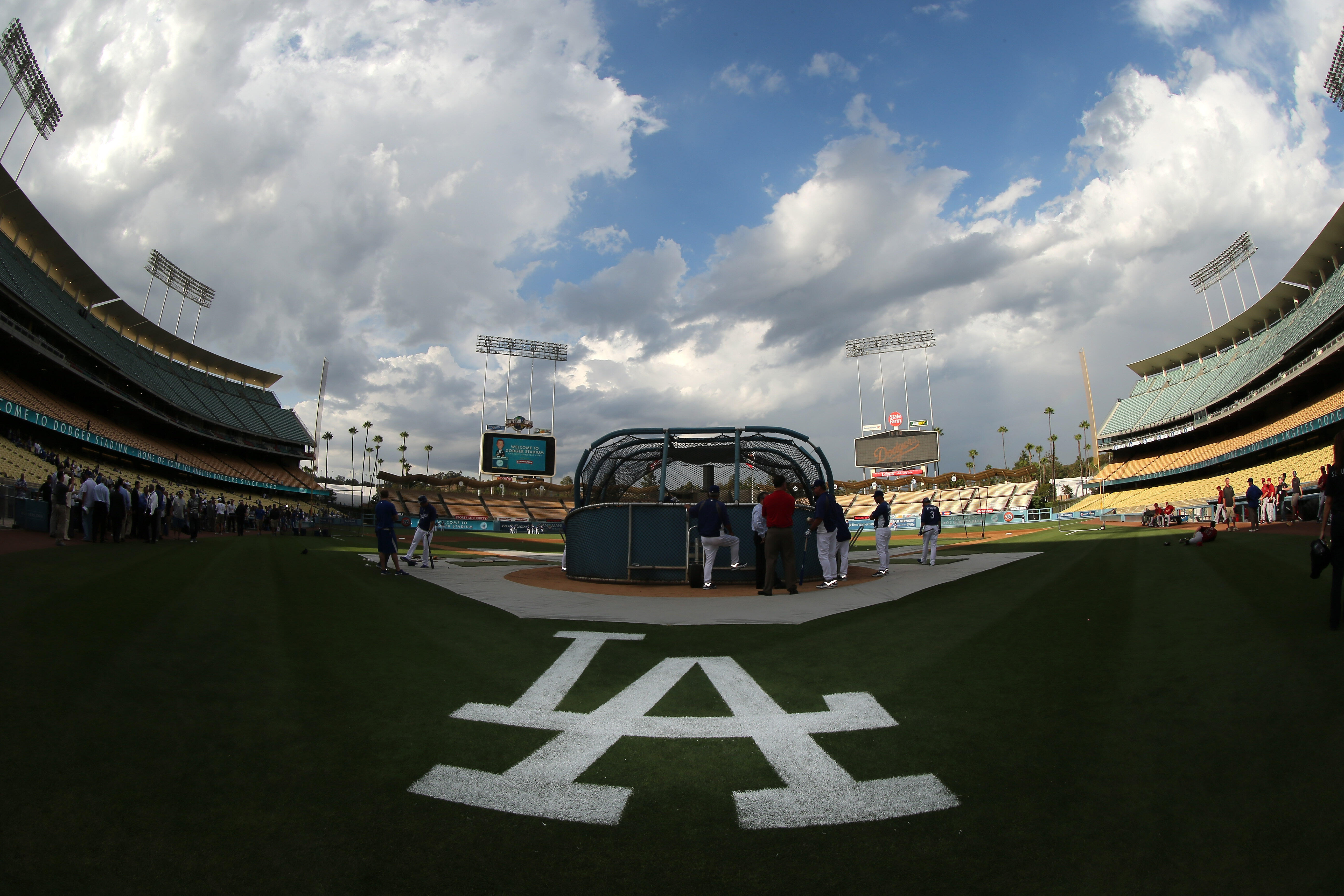 LOS ANGELES, CA - AUGUST 30:  A general view of batting practice before the game between the Arizona Diamondbacks  and the Los Angeles Dodgers on August 30, 2012 at Dodger Stadium in Los Angeles, California.  (Photo by Stephen Dunn/Getty Images)