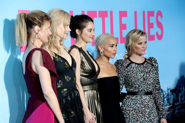 HOLLYWOOD, CA - FEBRUARY 07:  (L-R) Actors Laura Dern, Nicole Kidman, Shailene Woodley, Zoe Kravitz, and Reese Witherspoon attend the premiere of HBO's 