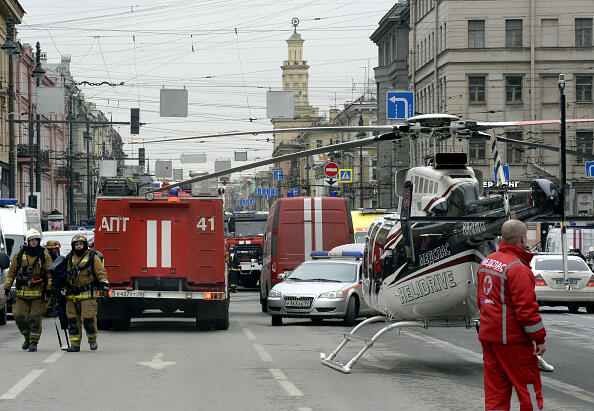 Emergency services personnel and vehicles are seen at the entrance to Technological Institute metro station in Saint Petersburg on April 3, 2017. Around 10 people were feared dead and dozens injured Monday after an explosion rocked the metro system in Russia's second city Saint Petersburg, according to authorities, who were not ruling out a terror attack. / AFP PHOTO / Olga MALTSEVA        (Photo credit should read OLGA MALTSEVA/AFP/Getty Images)