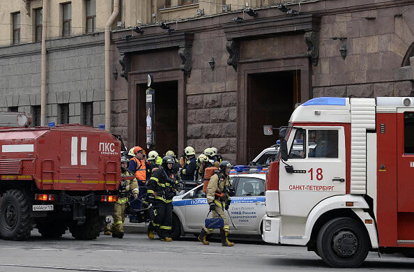 Emergency services personnel walk at the entrance to Technological Institute metro station in Saint Petersburg on April 3, 2017. Around 10 people were feared dead and dozens injured Monday after an explosion rocked the metro system in Russia's second city Saint Petersburg, according to authorities, who were not ruling out a terror attack. / AFP PHOTO / Olga MALTSEVA        (Photo credit should read OLGA MALTSEVA/AFP/Getty Images)