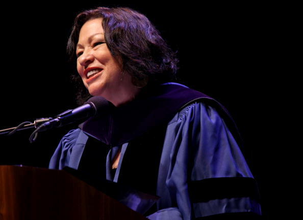 NEW YORK - JUNE 4:  U.S. Supreme Court Justice Sonia Sotomayor delivers the keynote address at the Hostos Community College 39th commencement ceremony June 4, 2010 in New York City. Also pictured are college President Felix Matos Rodriguez (L) and Dr. Mat
