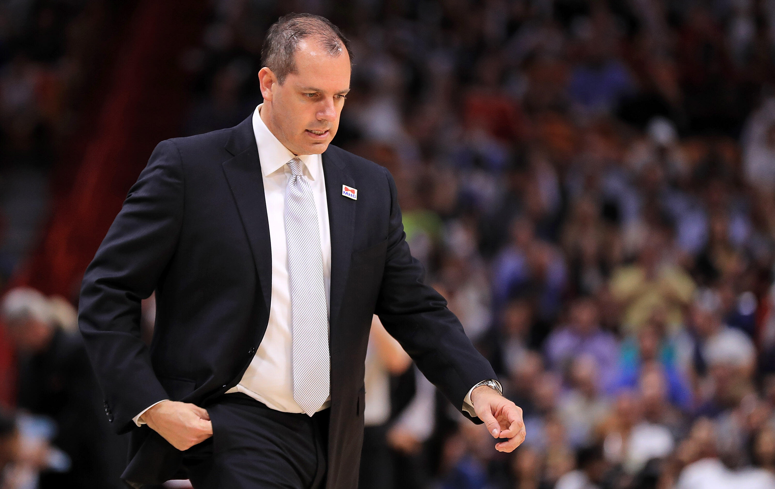 MIAMI, FL - FEBRUARY 13: Head coach Frank Vogel of the Orlando Magic looks on during a game against the Miami Heat at American Airlines Arena on February 13, 2017 in Miami, Florida. NOTE TO USER: User expressly acknowledges and agrees that, by downloading