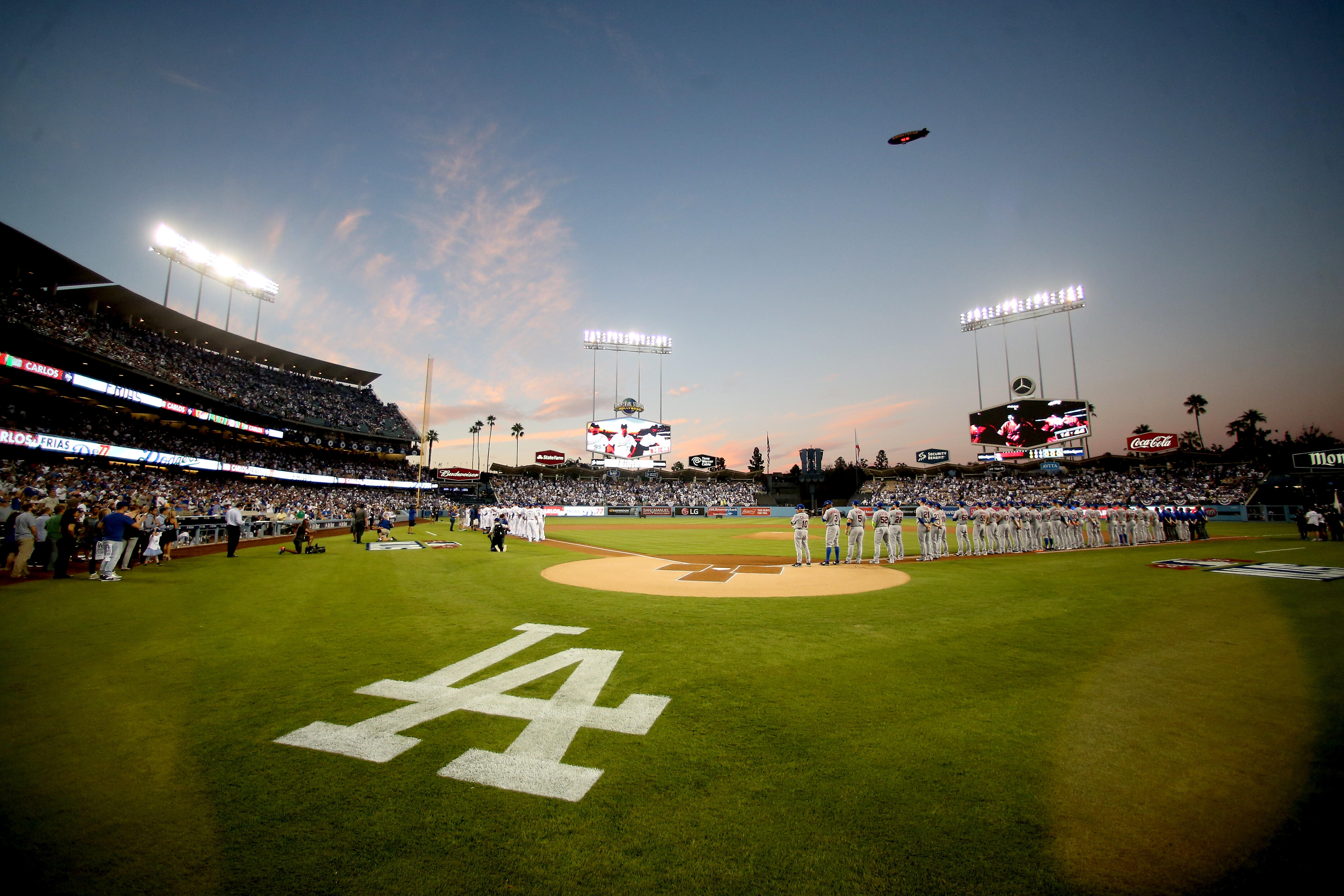 LOS ANGELES, CA - OCTOBER 09:  A general view during player introductions before game one of the National League Division Series between the Los Angeles Dodgers and the New York Mets at Dodger Stadium on October 9, 2015 in Los Angeles, California.  (Photo