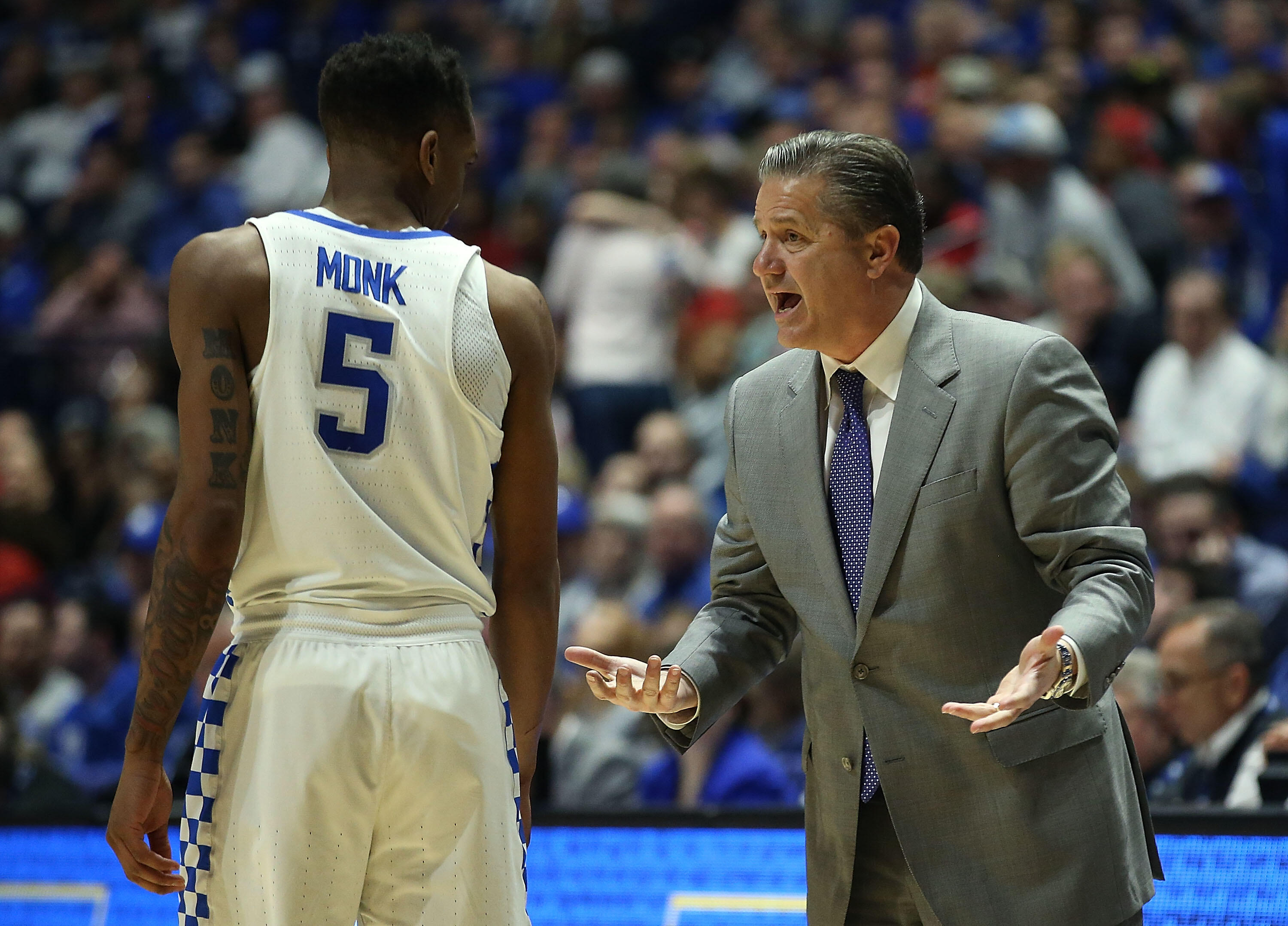 NASHVILLE, TN - MARCH 12:  Head coach John Calipari of the Kentucky Wildcats converses with Malik Monk #5 against the Arkansas Razorbacks during the championship game at the 2017 Men's SEC Basketball Tournament at Bridgestone Arena on March 12, 2017 in Na