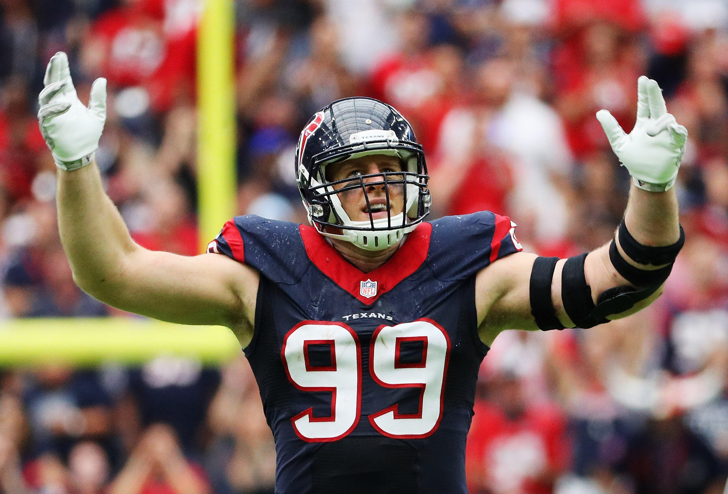 HOUSTON, TX - SEPTEMBER 18:  J.J. Watt #99 of the Houston Texans waits for a play in the fourth quarter of their game against the Kansas City Chiefs at NRG Stadium on September 18, 2016 in Houston, Texas.  (Photo by Scott Halleran/Getty Images)